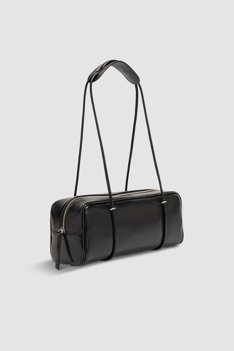 BY FAR Kimberly Black Glossy Textured Leather Shoulder Bag outlook
