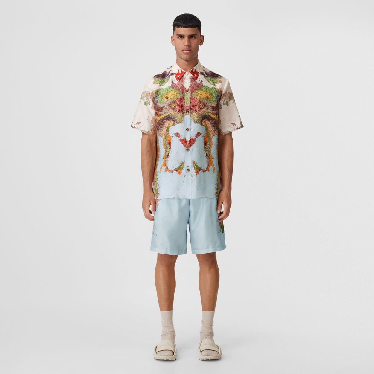 Short-sleeve Map Print Silk Oversized Shirt - 2