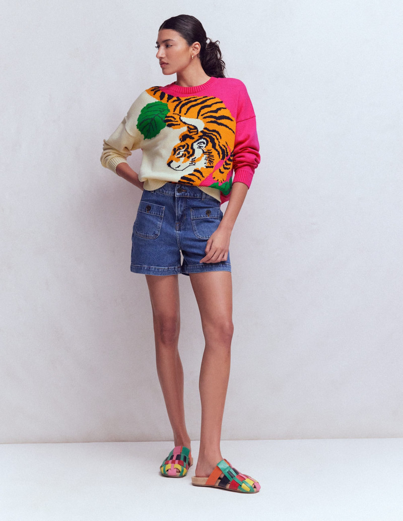 Jacquard Jumper-Warm Ivory and Pink Tiger 1