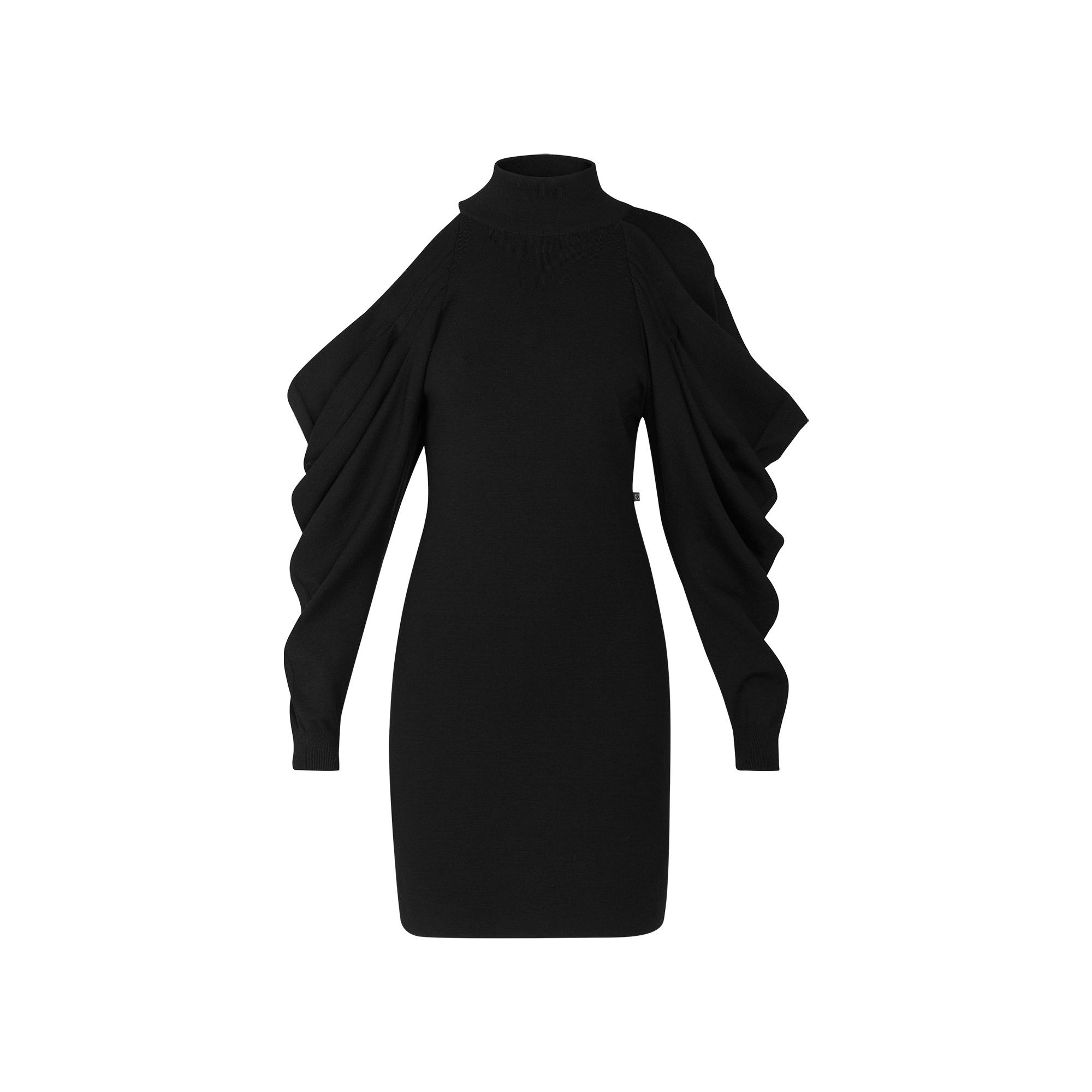 Asymmetric Knit Dress With Draped Sleeves - 1