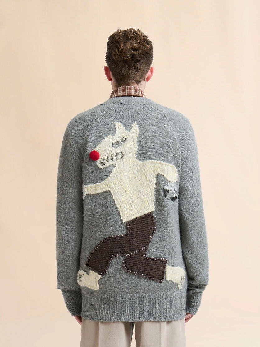 GRAY WOOL ALPACA CARDIGAN WITH WOLF PATCH - 3