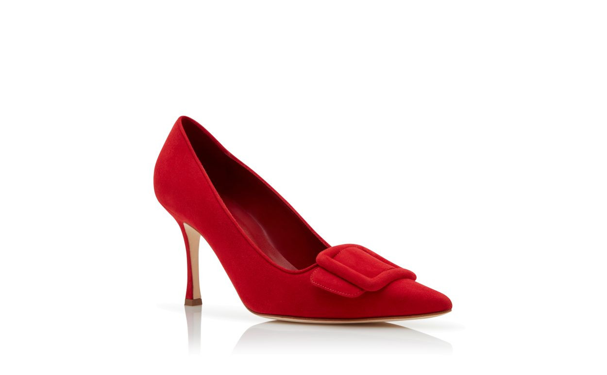 Bright Red Suede Buckle Detail Pumps - 3