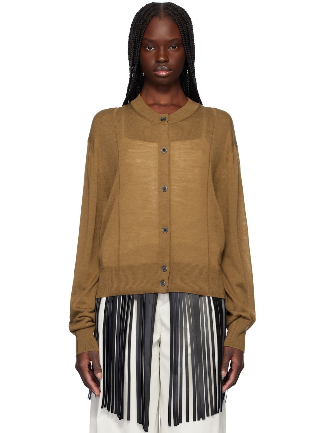 Tan Crewneck Sheer Knit Cardigan - 1