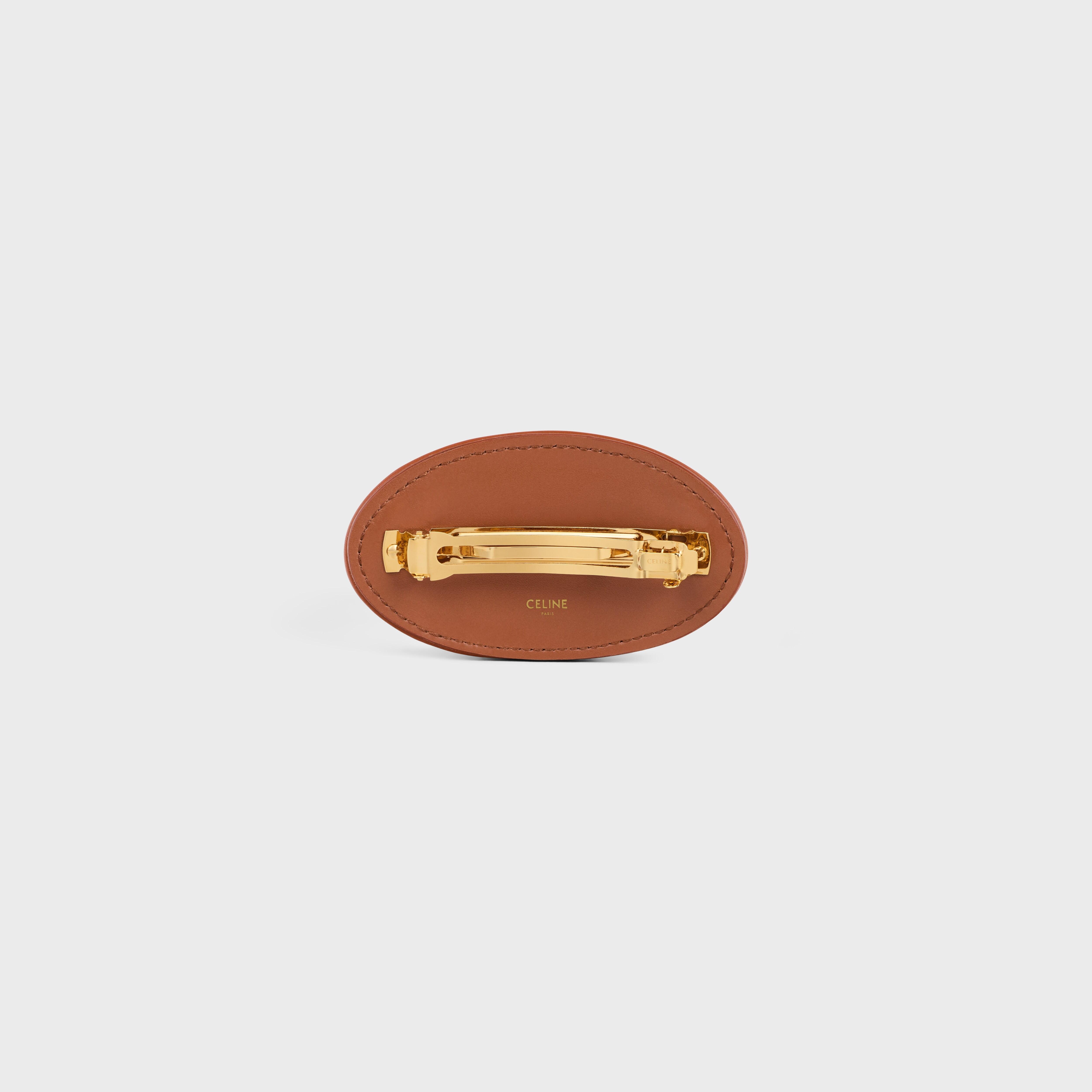 Triomphe Hair Clip in Shearling, Calfskin, Brass with Gold Finish and Steel - 3