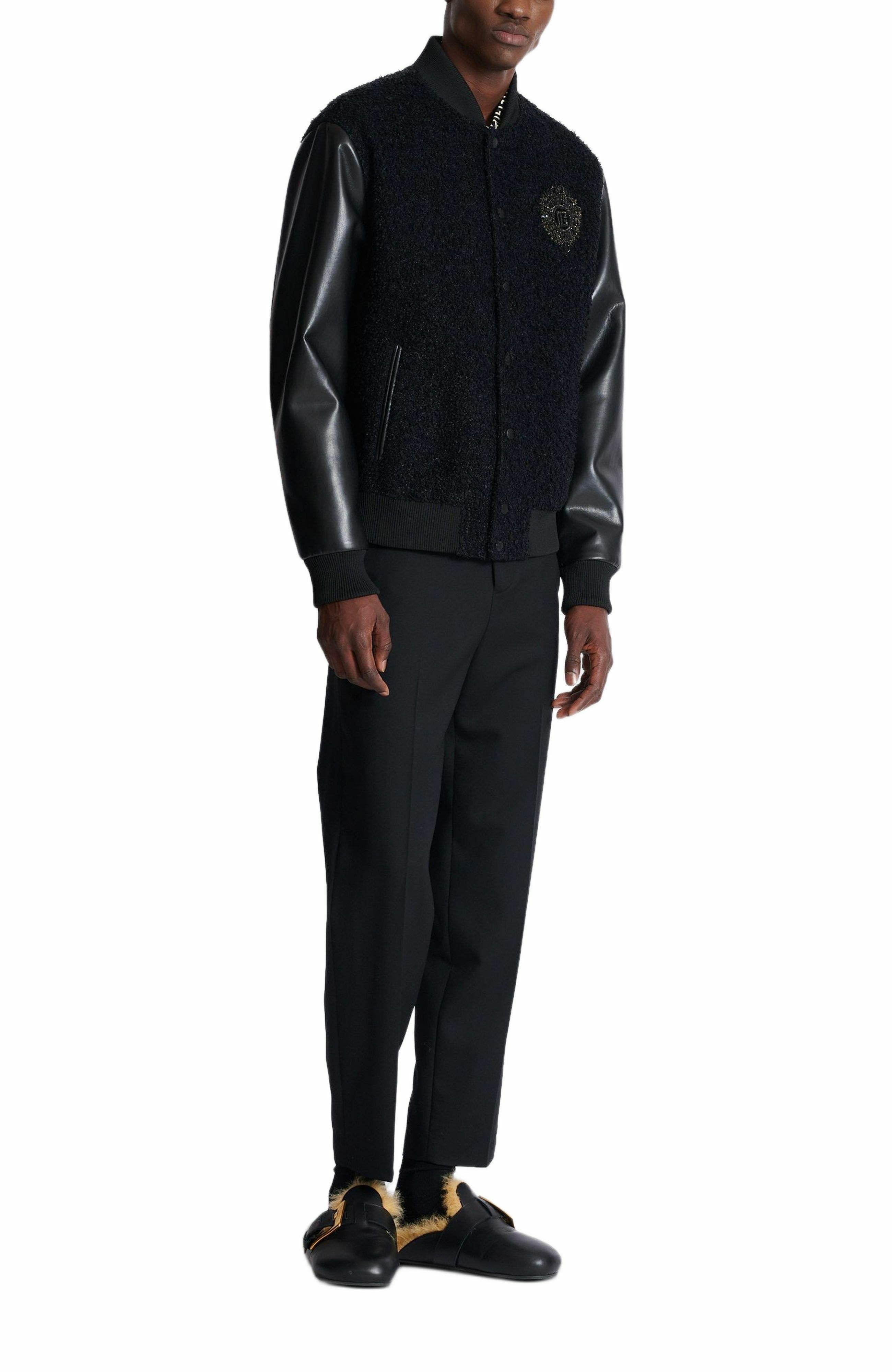 Balmain Varsity tweed and faux leather jacket in Black at Nordstrom - 1
