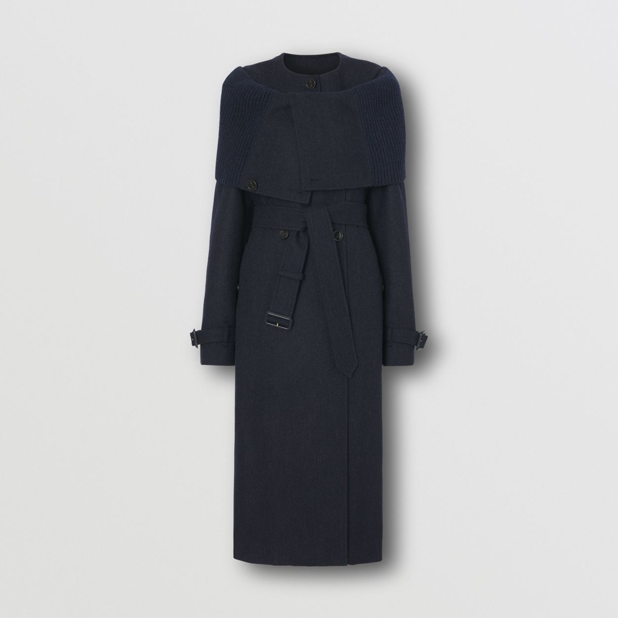 Rib Knit Collar Wool Cashmere Trench Coat - 4