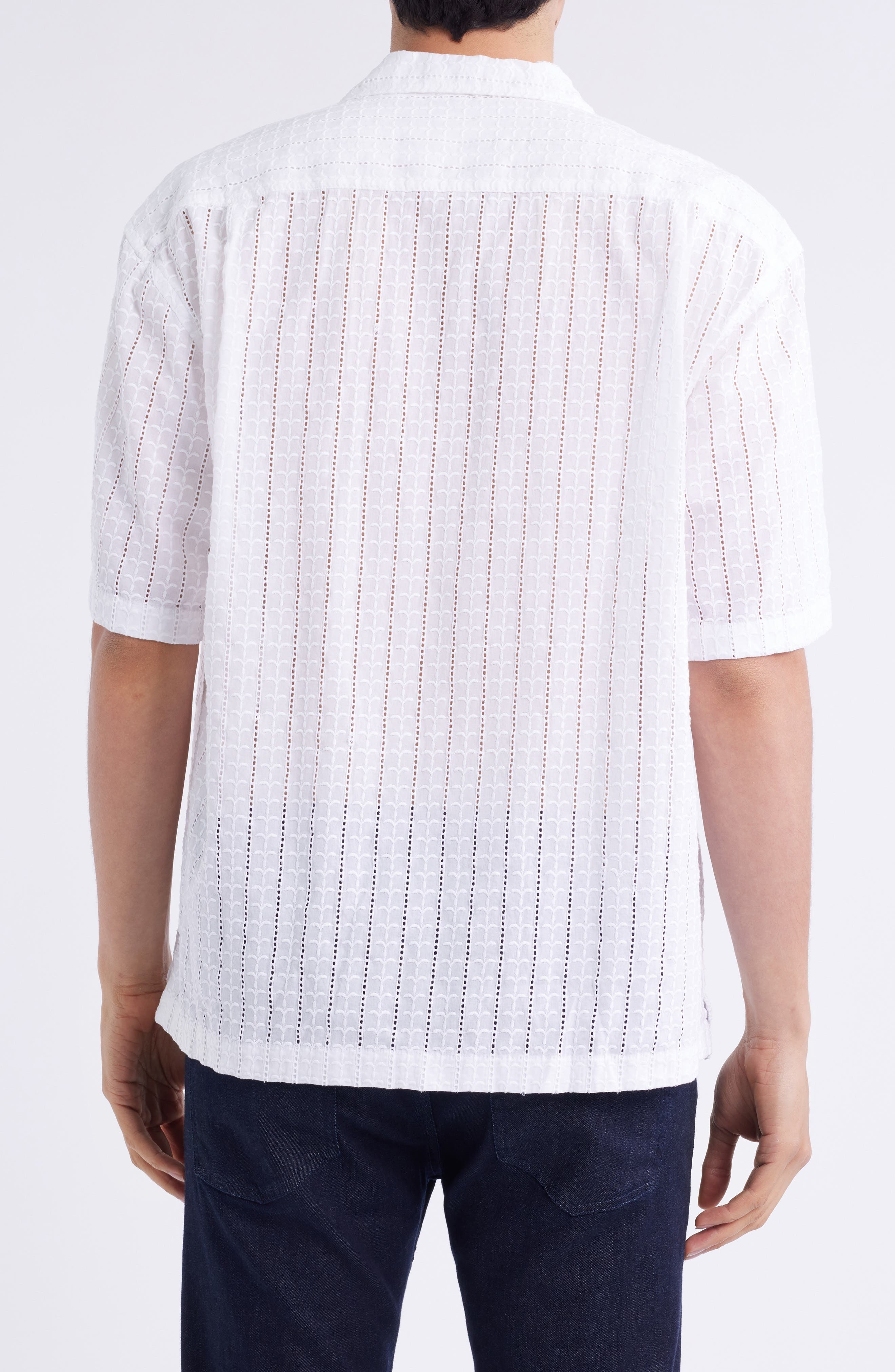BOSS Lars Pointelle Stripe Camp Shirt in White at Nordstrom - 3