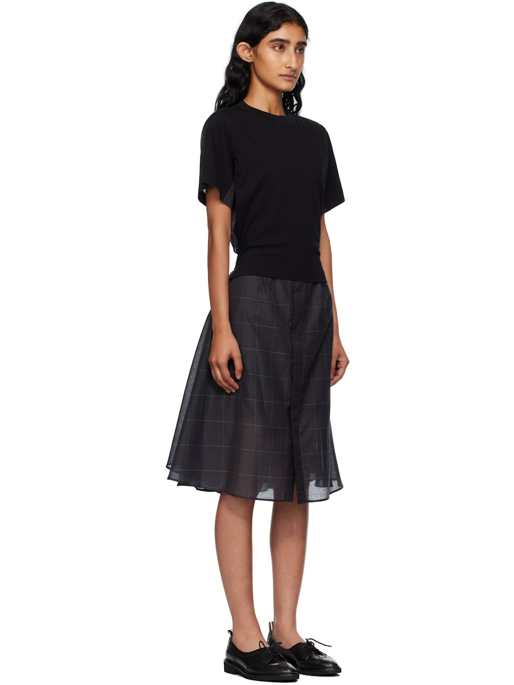 Black Glen Check & Cotton Jersey Midi Dress - 2