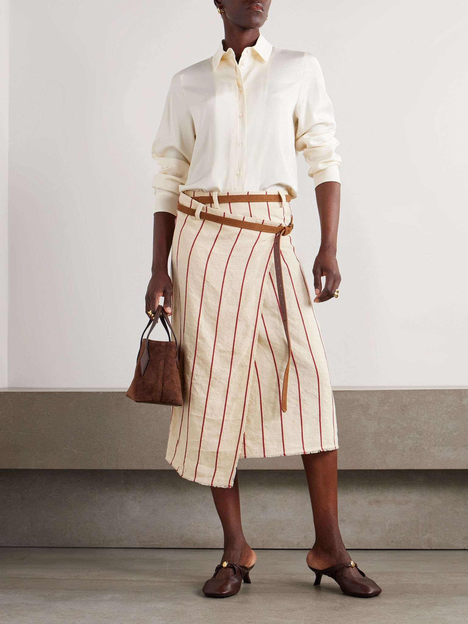 Pareo belted striped linen midi wrap skirt Cream - 2