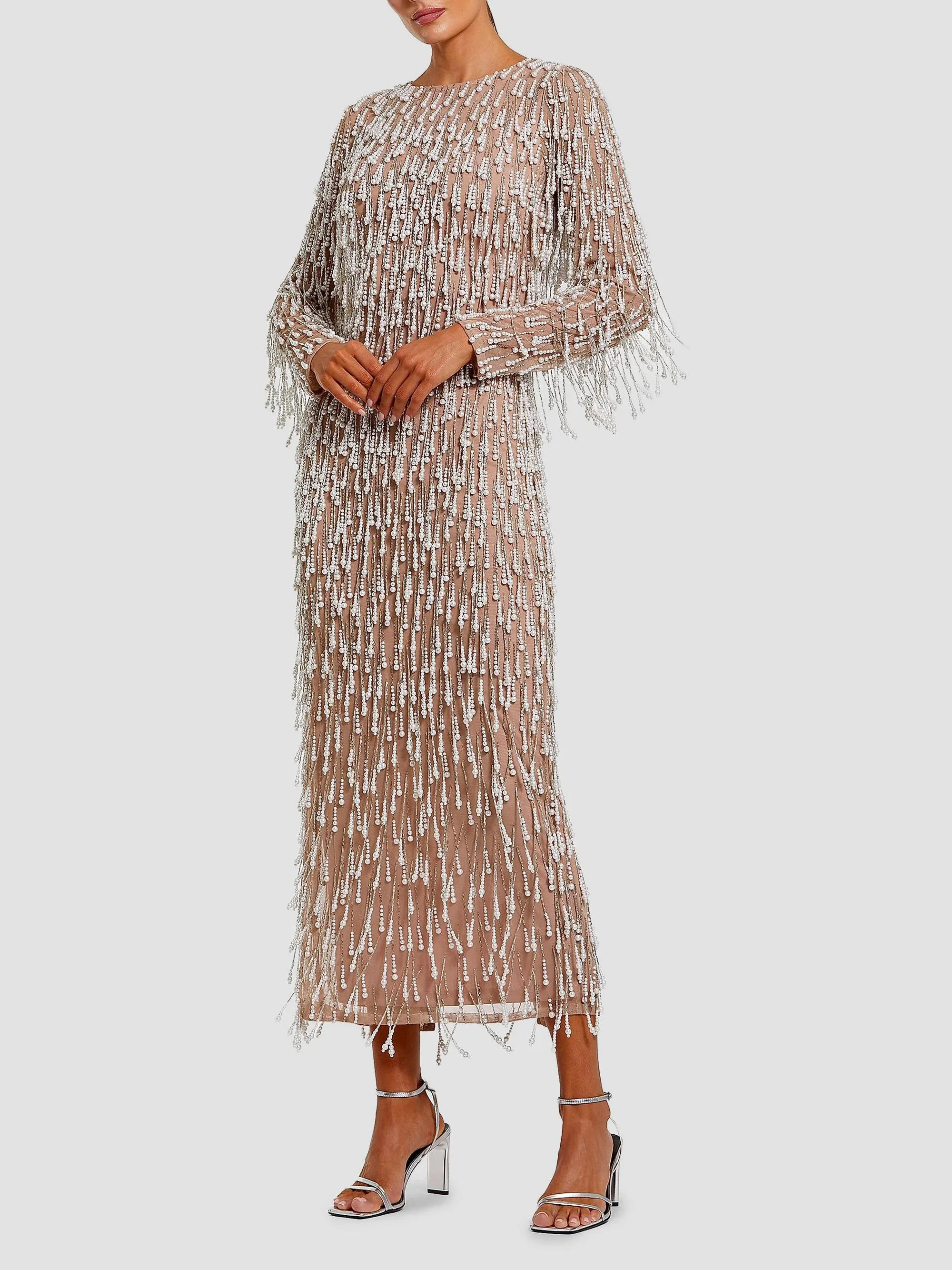 Women's Pearl Fringe Mesh Midi-Dress - Ivory Beige - 1