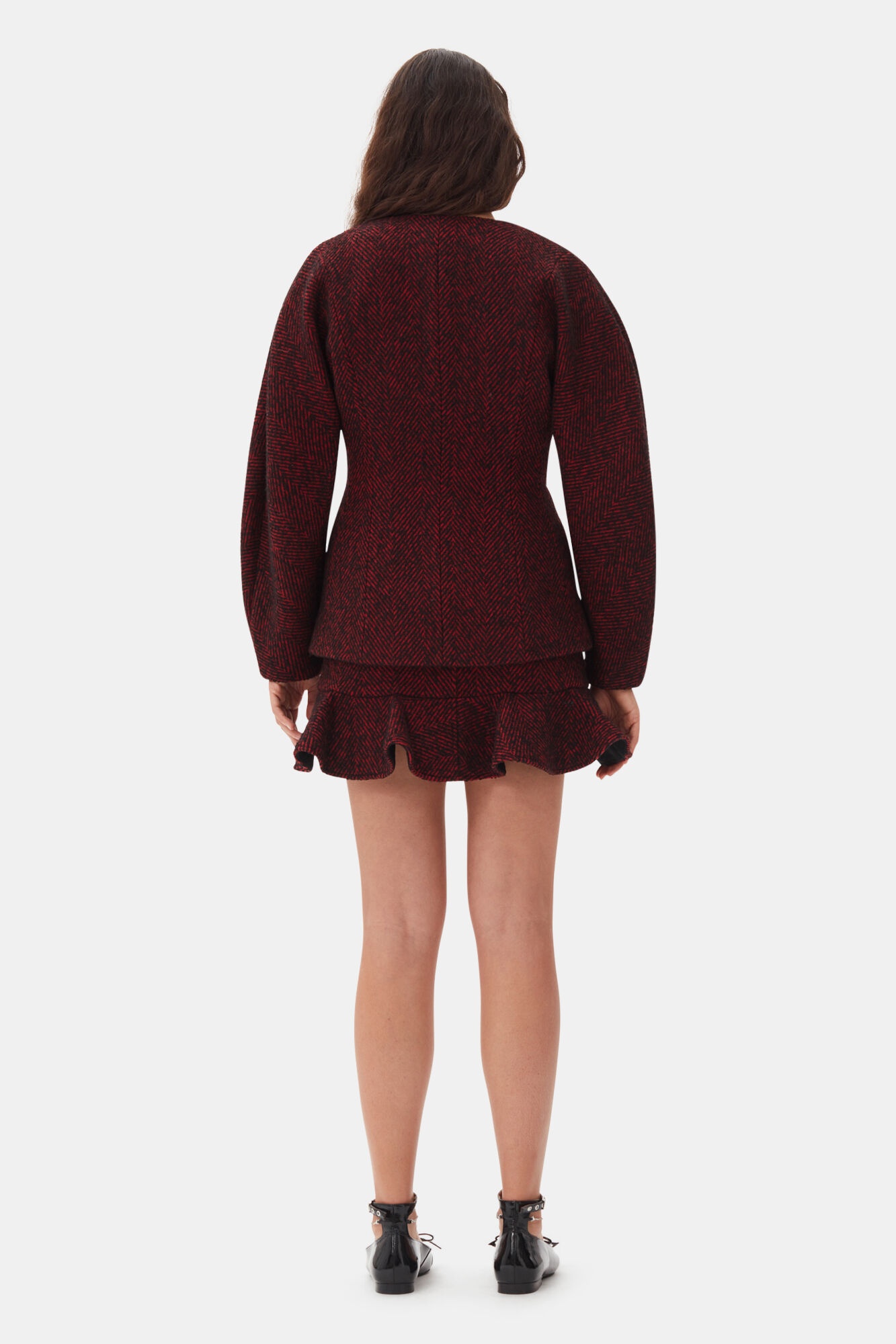 RED HERRINGBONE WOOL CURVE SLEEVE BLAZER - 5