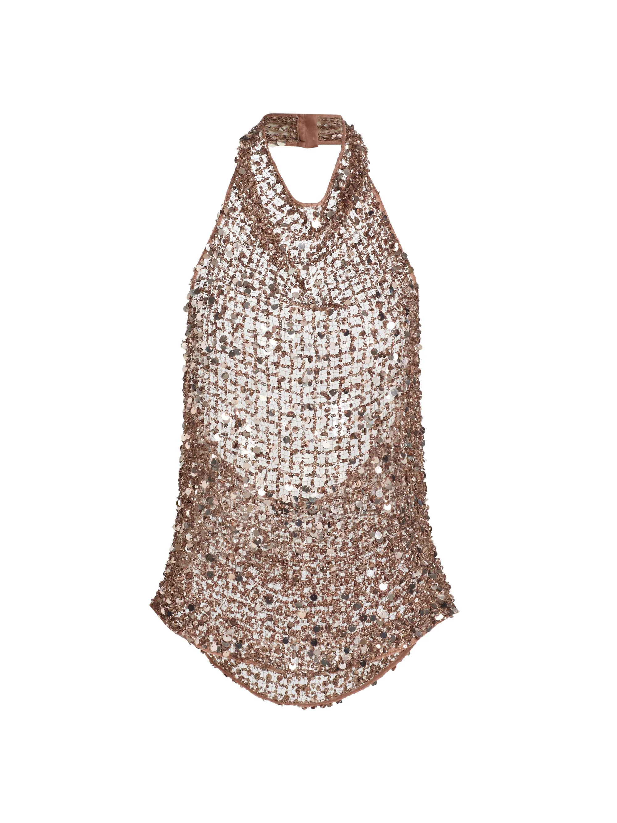 Women's Sequined Net Mesh Halter Top - Cinder - 1