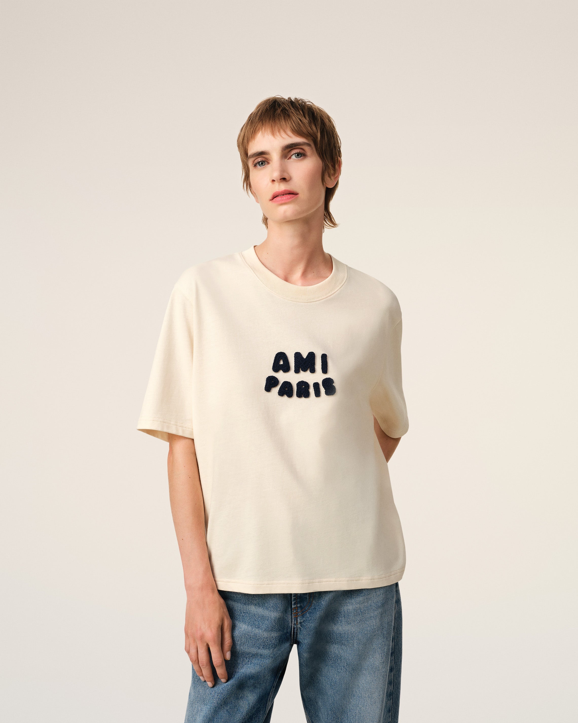 BEIGE COTTON AMI PARIS PATCH T-SHIRT - 3