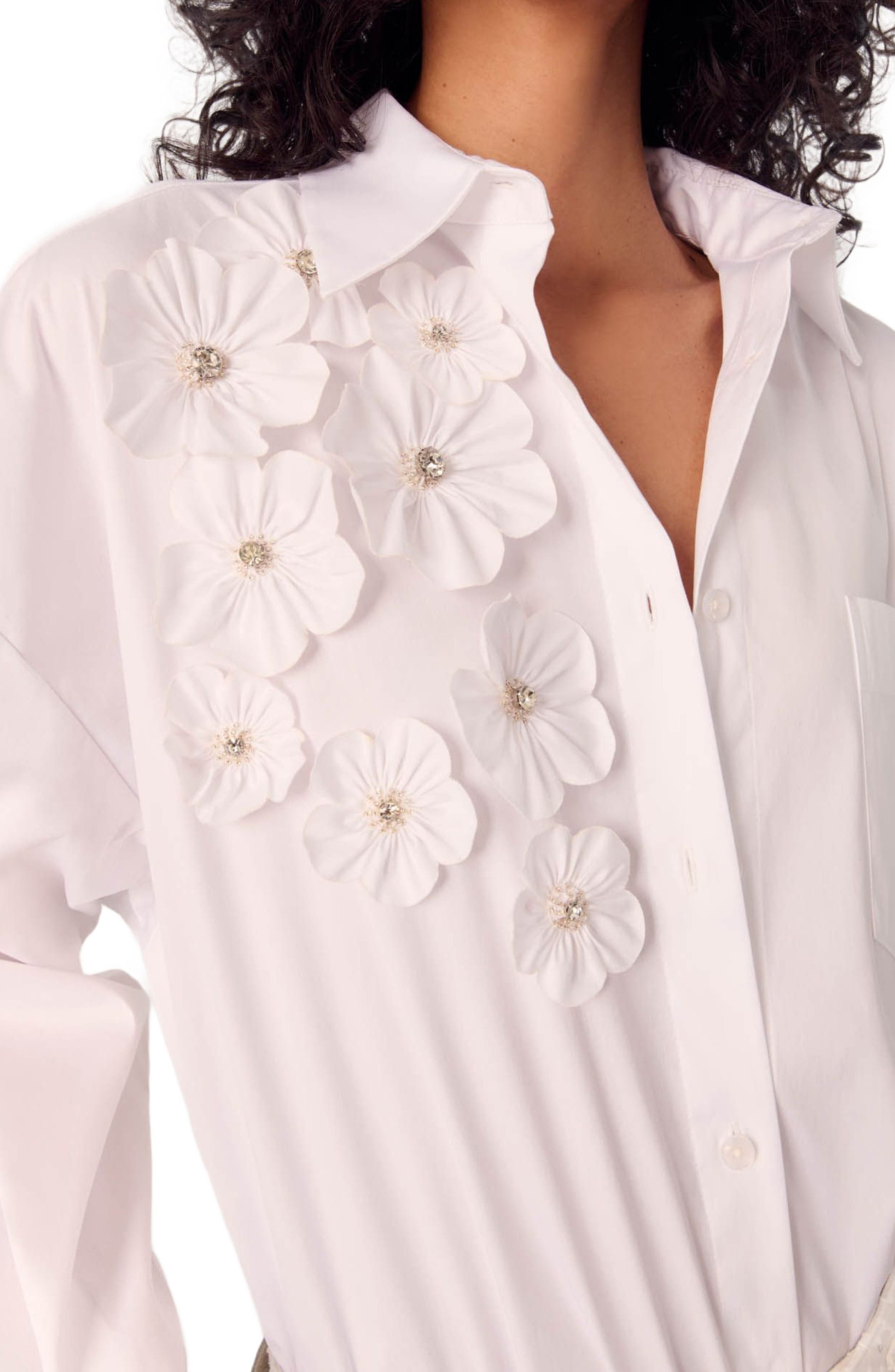 maje Long shirt with embroidered flowers in White at Nordstrom - 4