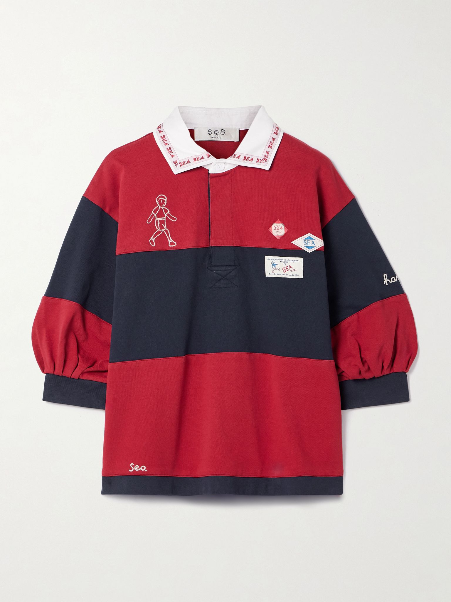 Carolyn appliquéd embroidered striped cotton-jersey polo shirt Red - 1