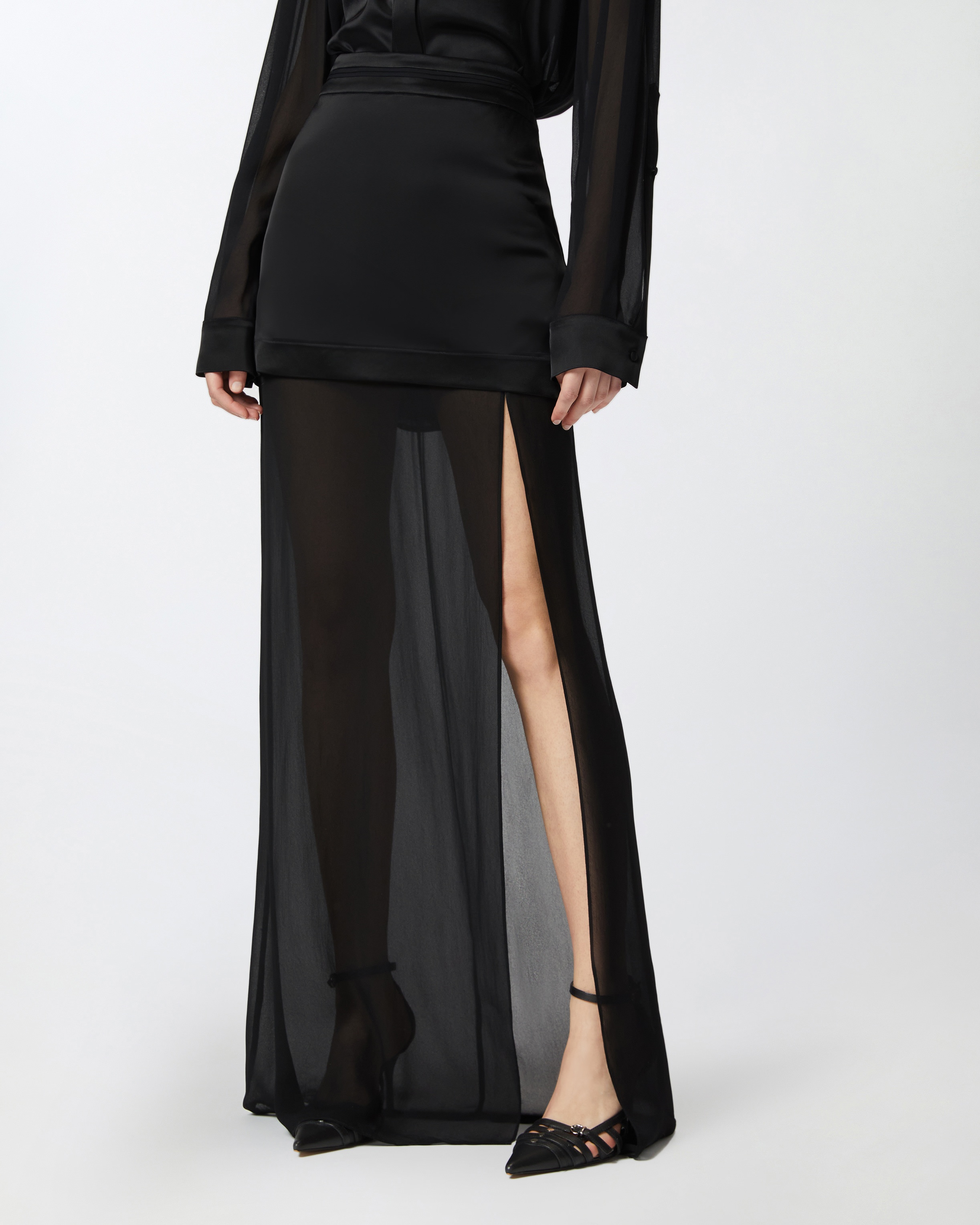 ELEGANT LONG SKIRT IN SHEER GEORGETTE AND SATIN - 3