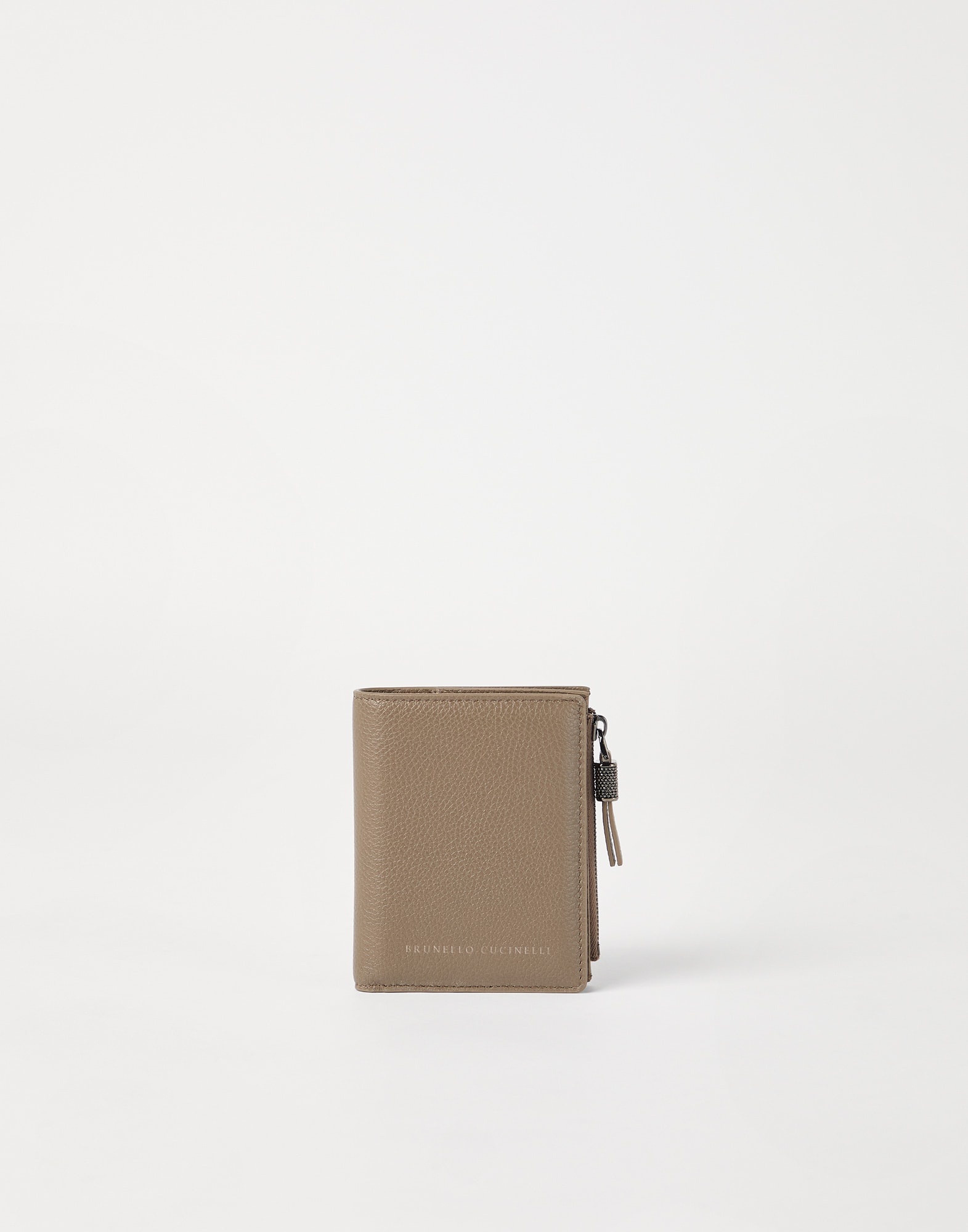 Grained leather compact wallet with shiny zipper pull - 1