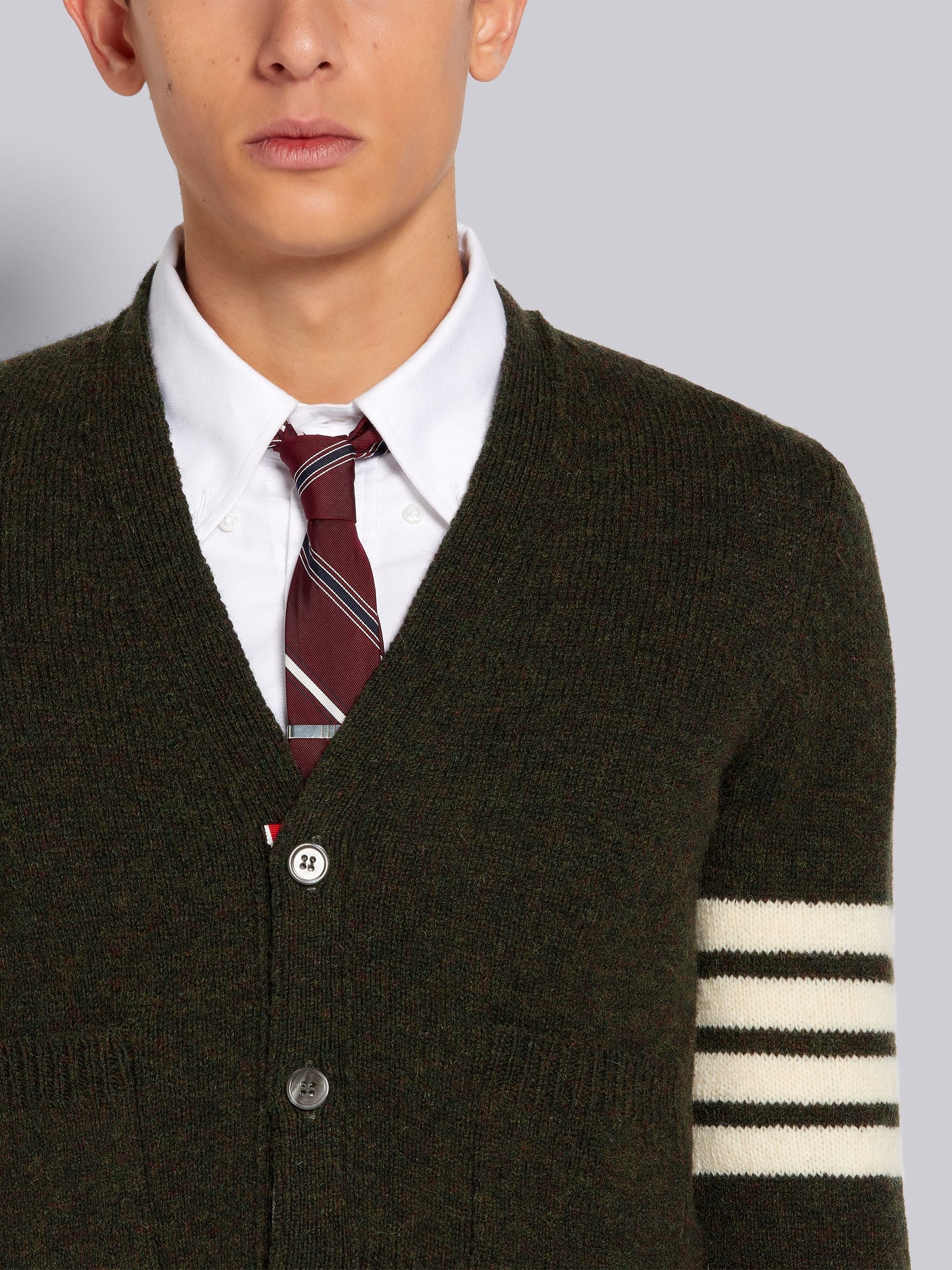 Dark Green Shetland Wool Jersey Stitch 4-Bar Classic V-Neck Cardigan - 5