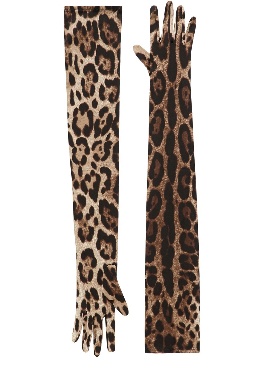 Long leo-print stretch satin gloves - 1