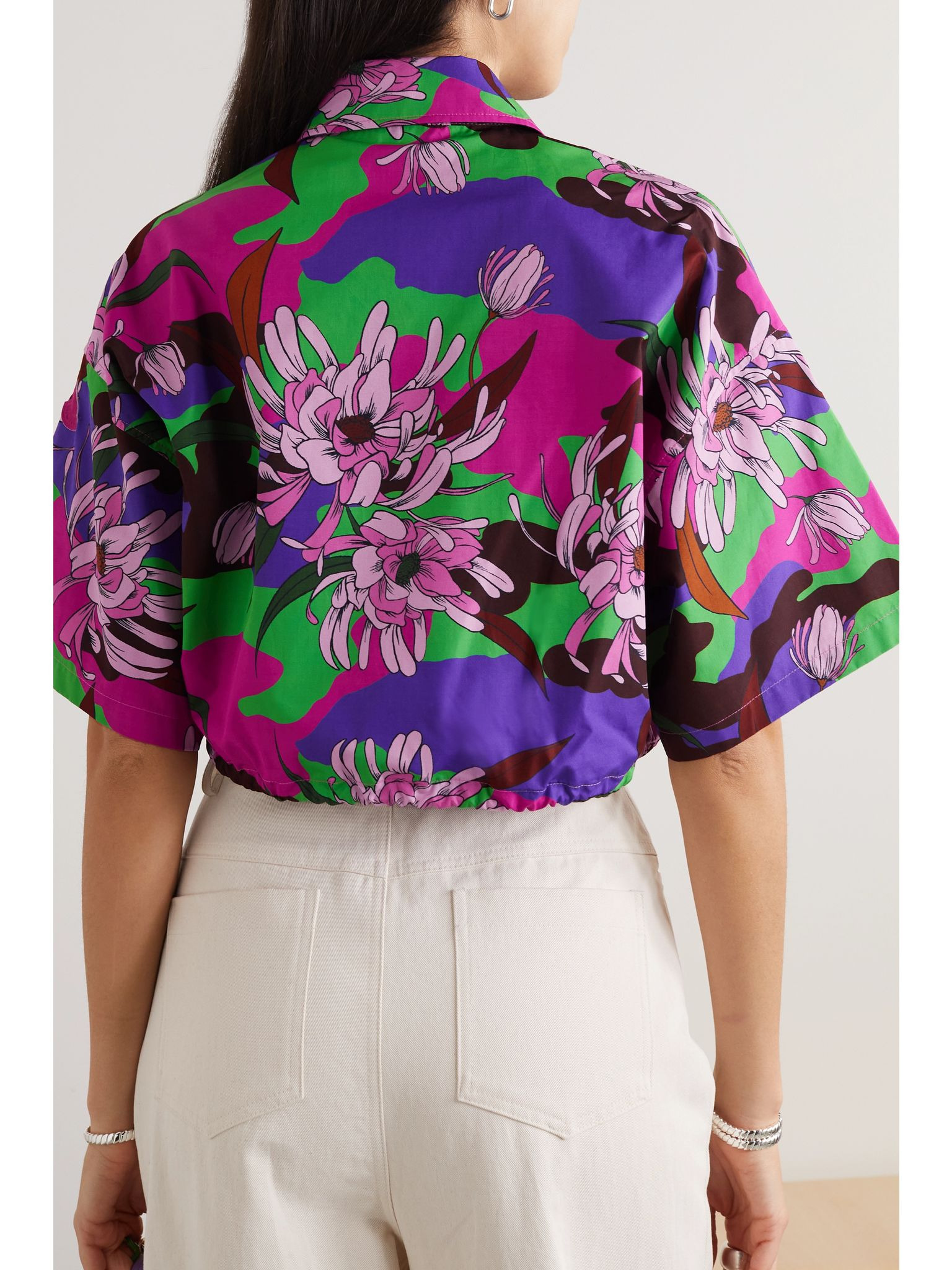 Cropped floral-print cotton-poplin shirt Purple - 3