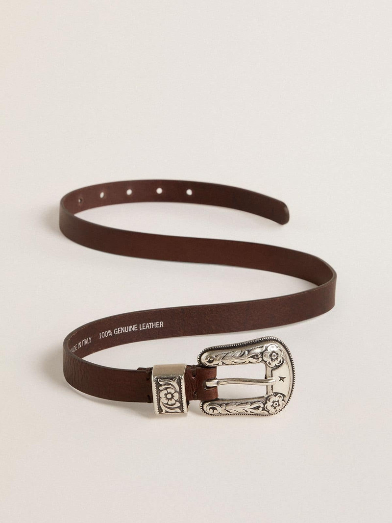 Women's dark brown leather belt with decorated silver buckle 4