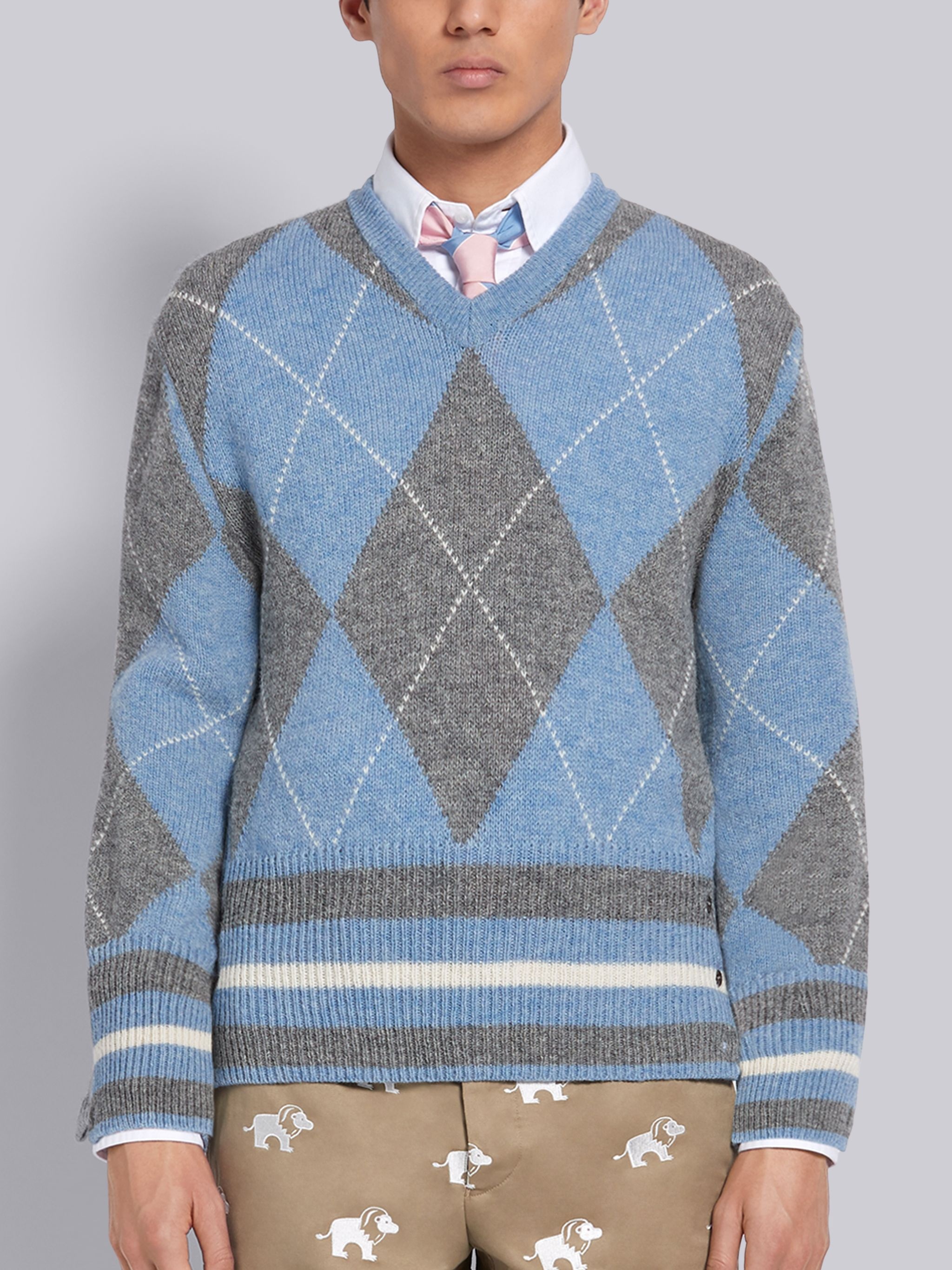 Light Blue Shetland Wool Argyle V-neck Pullover - 1