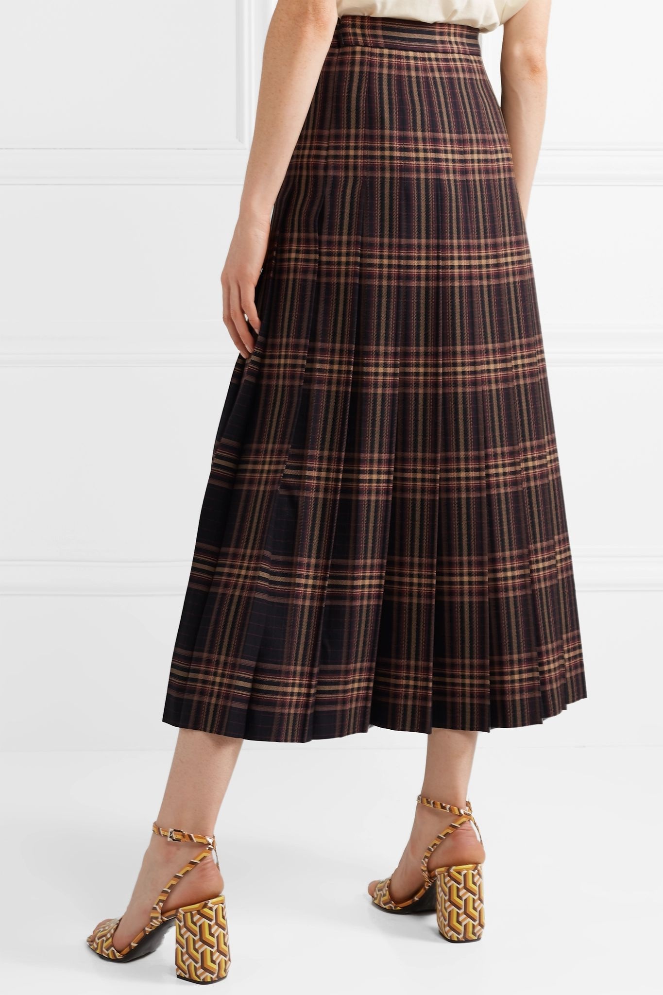 Pleated checked wool-twill midi skirt - 4