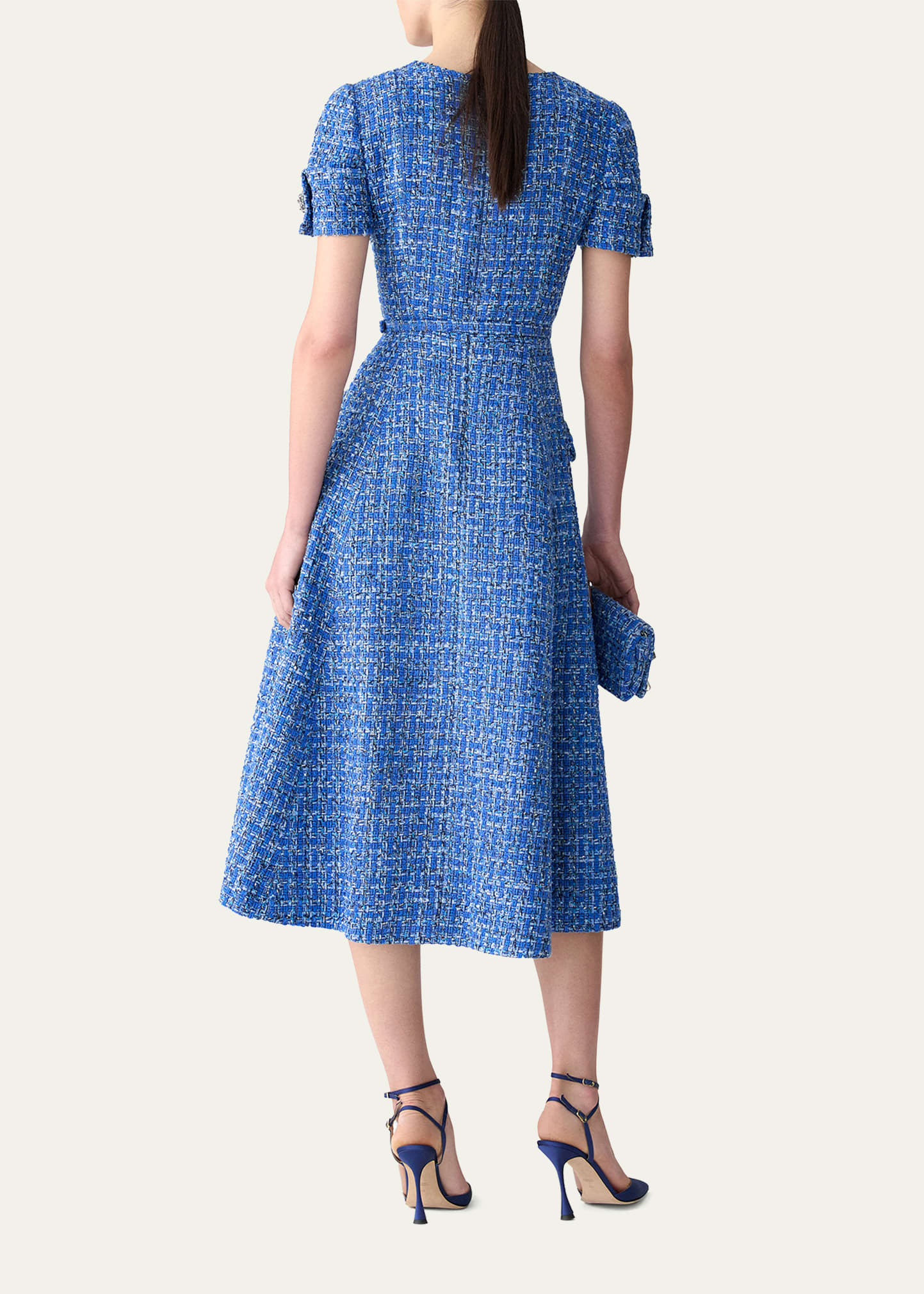 Crystal Button-Front Tweed Midi Dress With Belt - 3