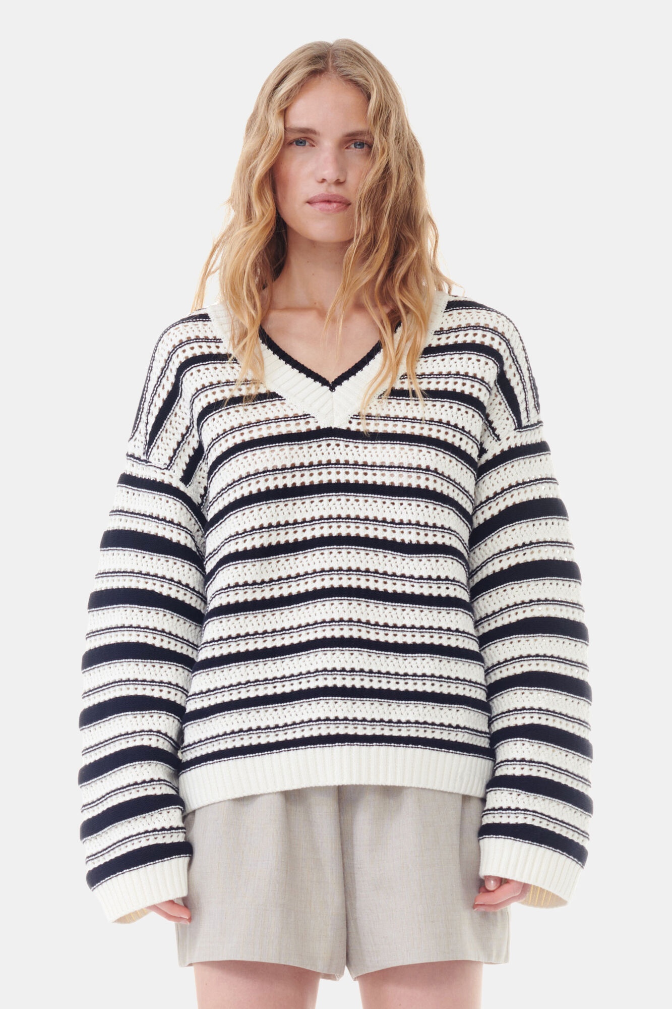 STRIPED COTTON V-NECK PULLOVER - 2