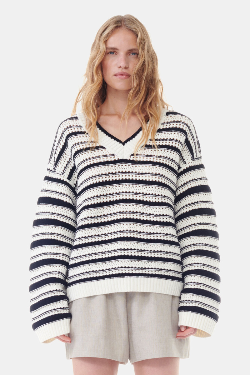 GANNI STRIPED COTTON V-NECK PULLOVER outlook