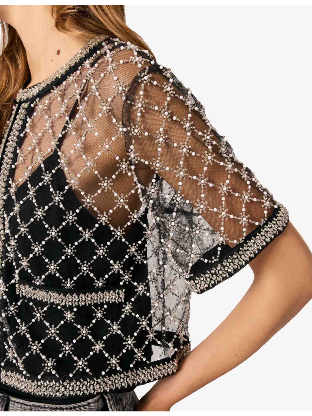 Bead-Embroidered Short-Sleeve Tulle Top - 5
