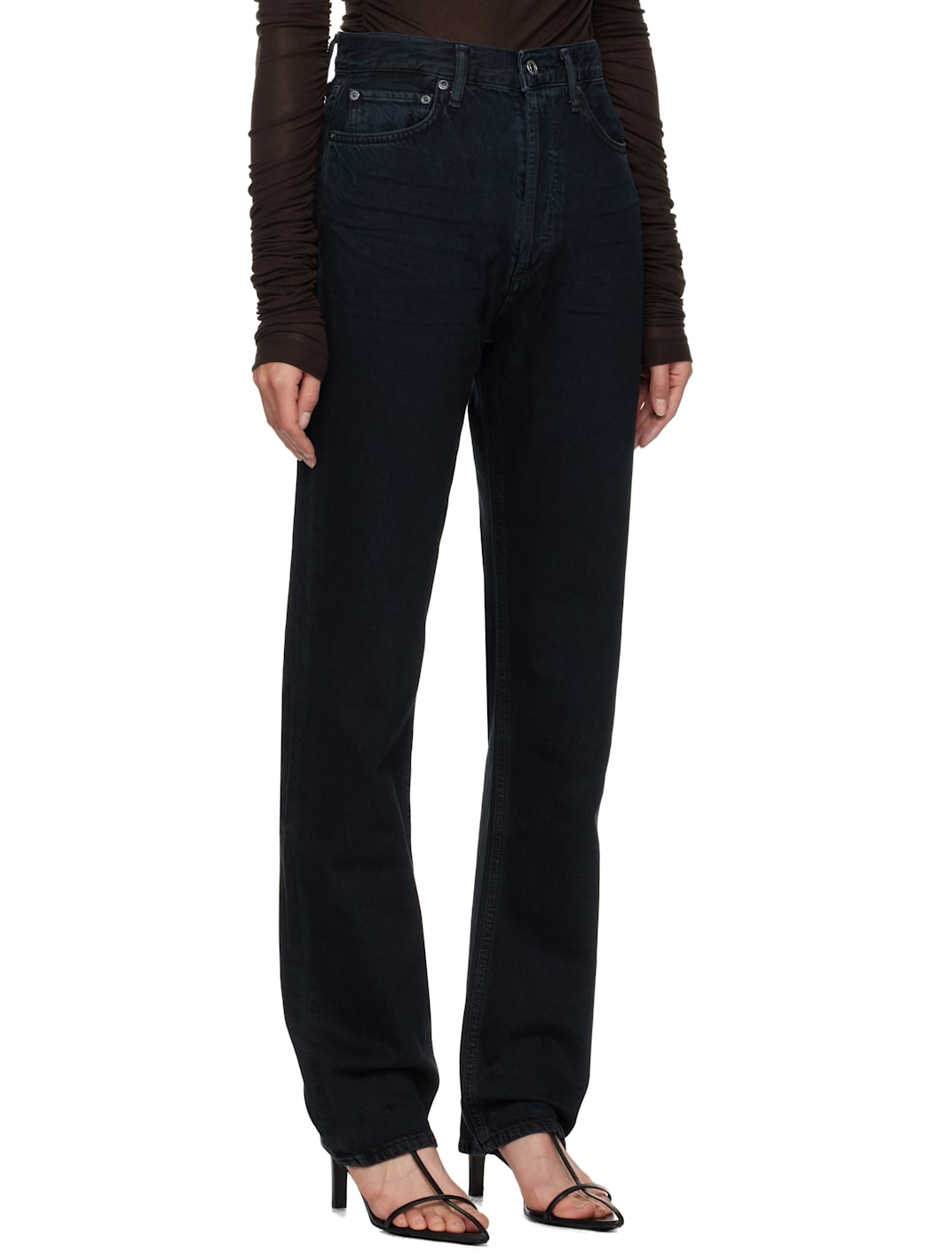Black 90's Pinch Waist High Rise Straight Long Jeans - 2