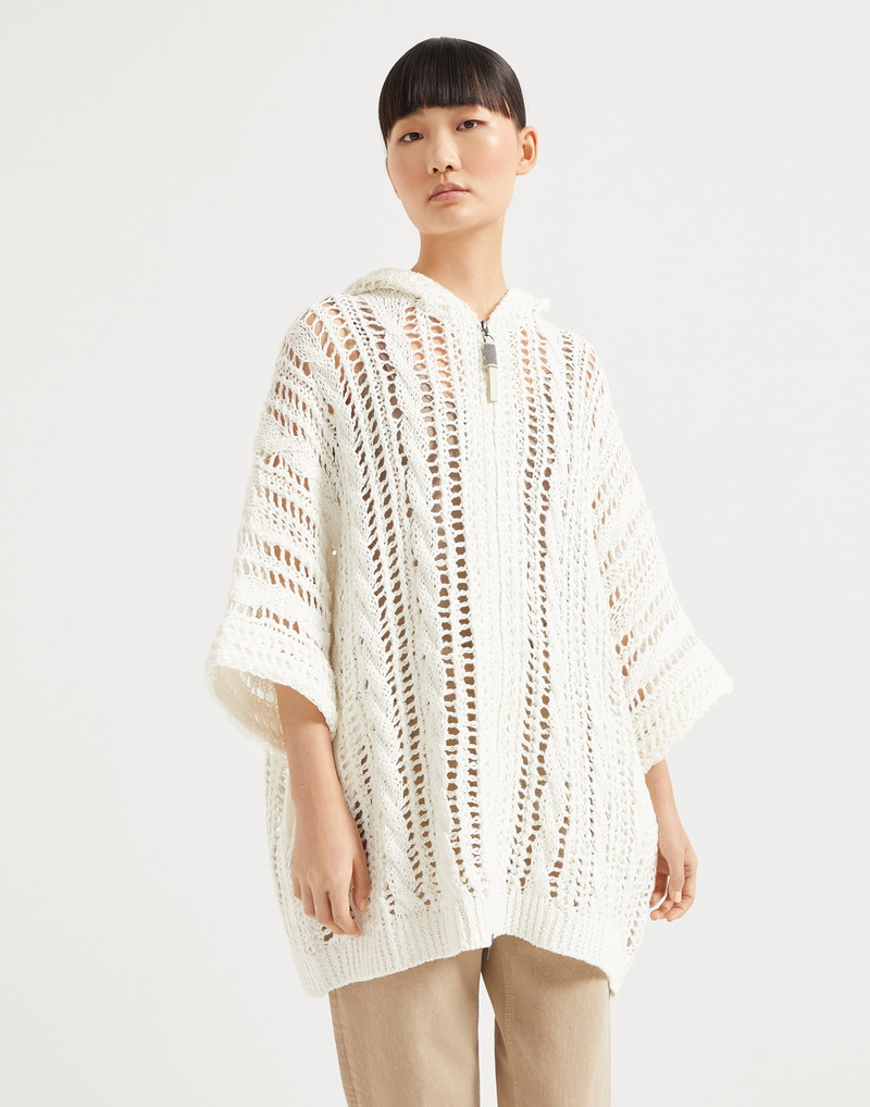 Jute and cotton cable & mesh hooded cardigan with shiny zipper pull 1