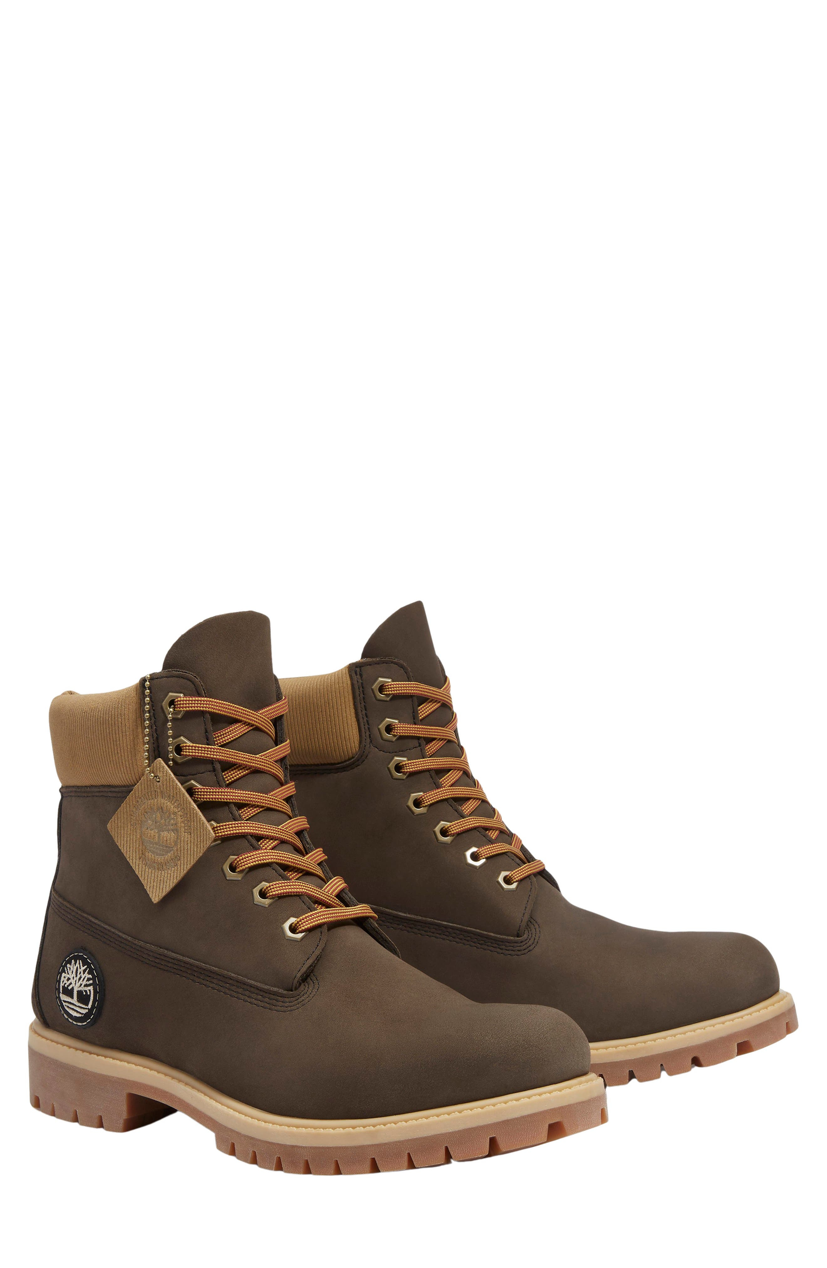 Timberland Premium 6-Inch Waterproof Boot in Dark Brown Nubuck/Olive at Nordstrom - 9