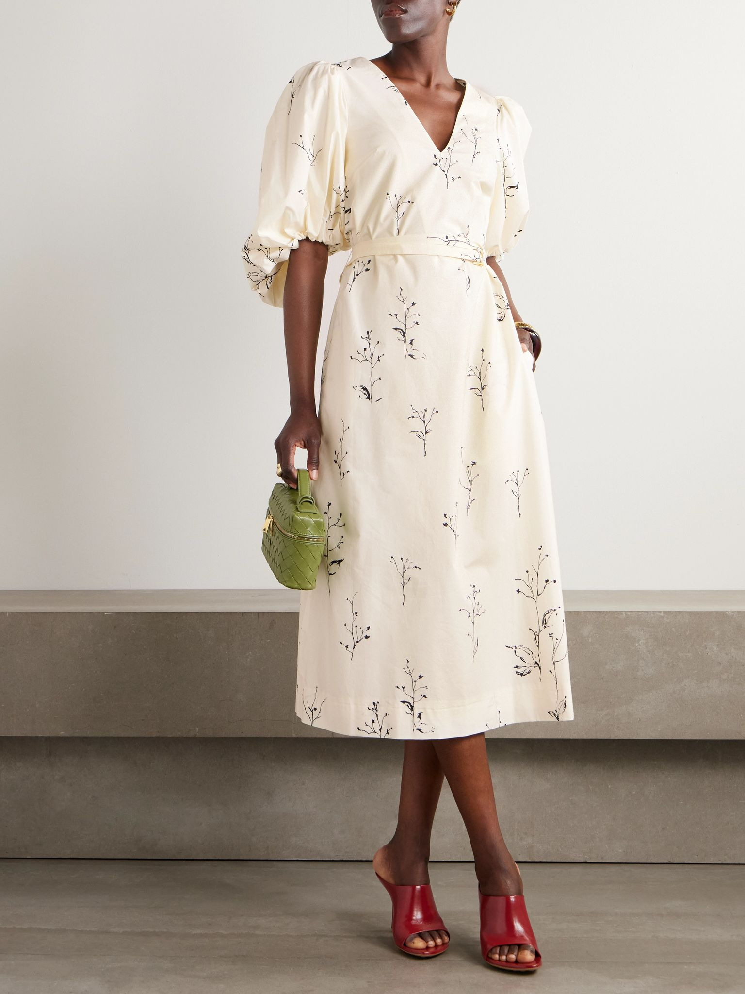 Corrie belted printed cotton-poplin midi dress Ivory - 2