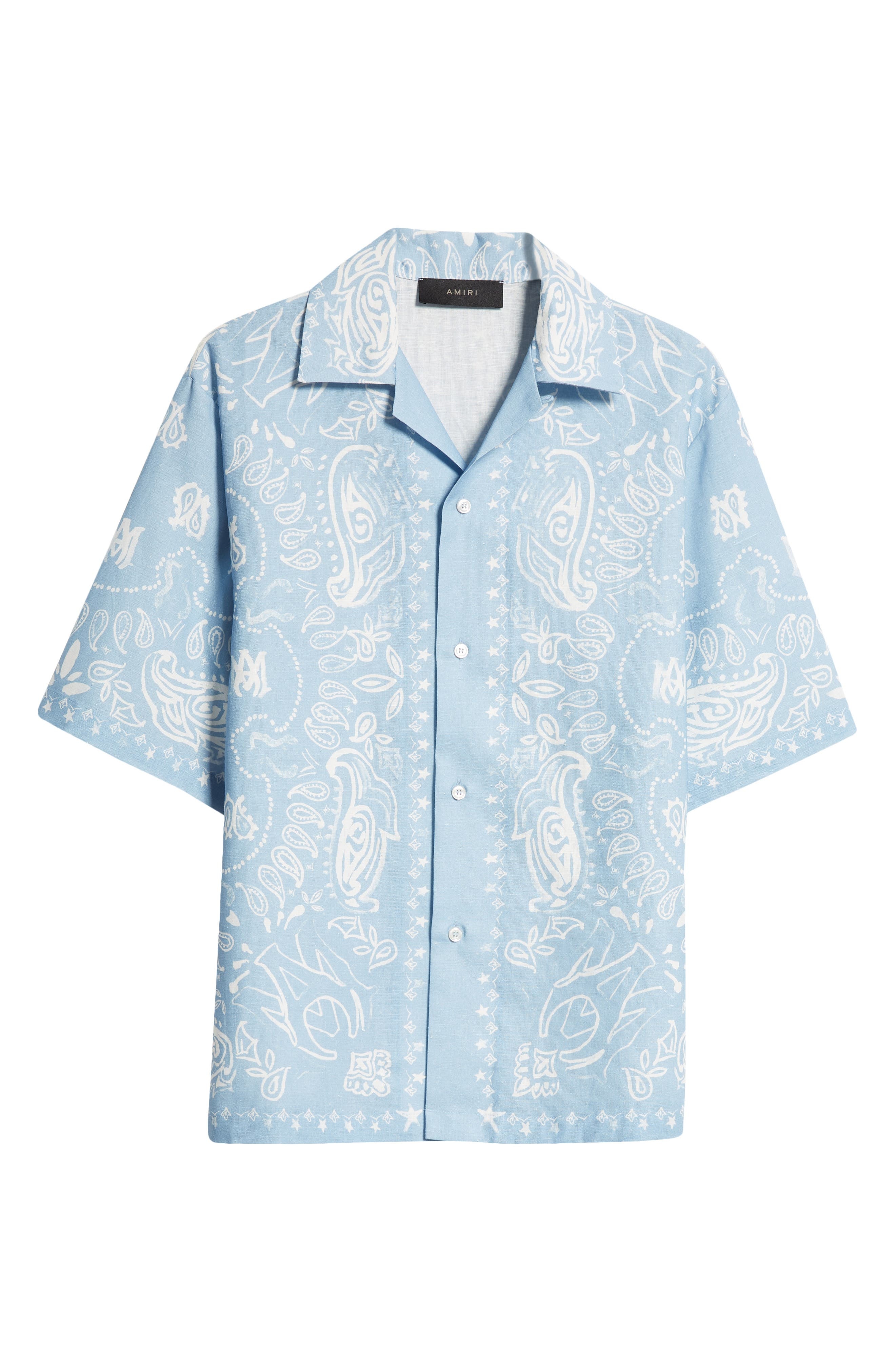 AMIRI Watercolor Bandana Linen & Cotton Camp Shirt in Cerulean at Nordstrom - 6