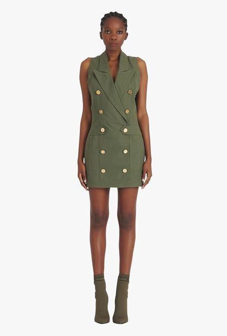 Short khaki denim dress with gold-tone double-buttoned fastening - 4