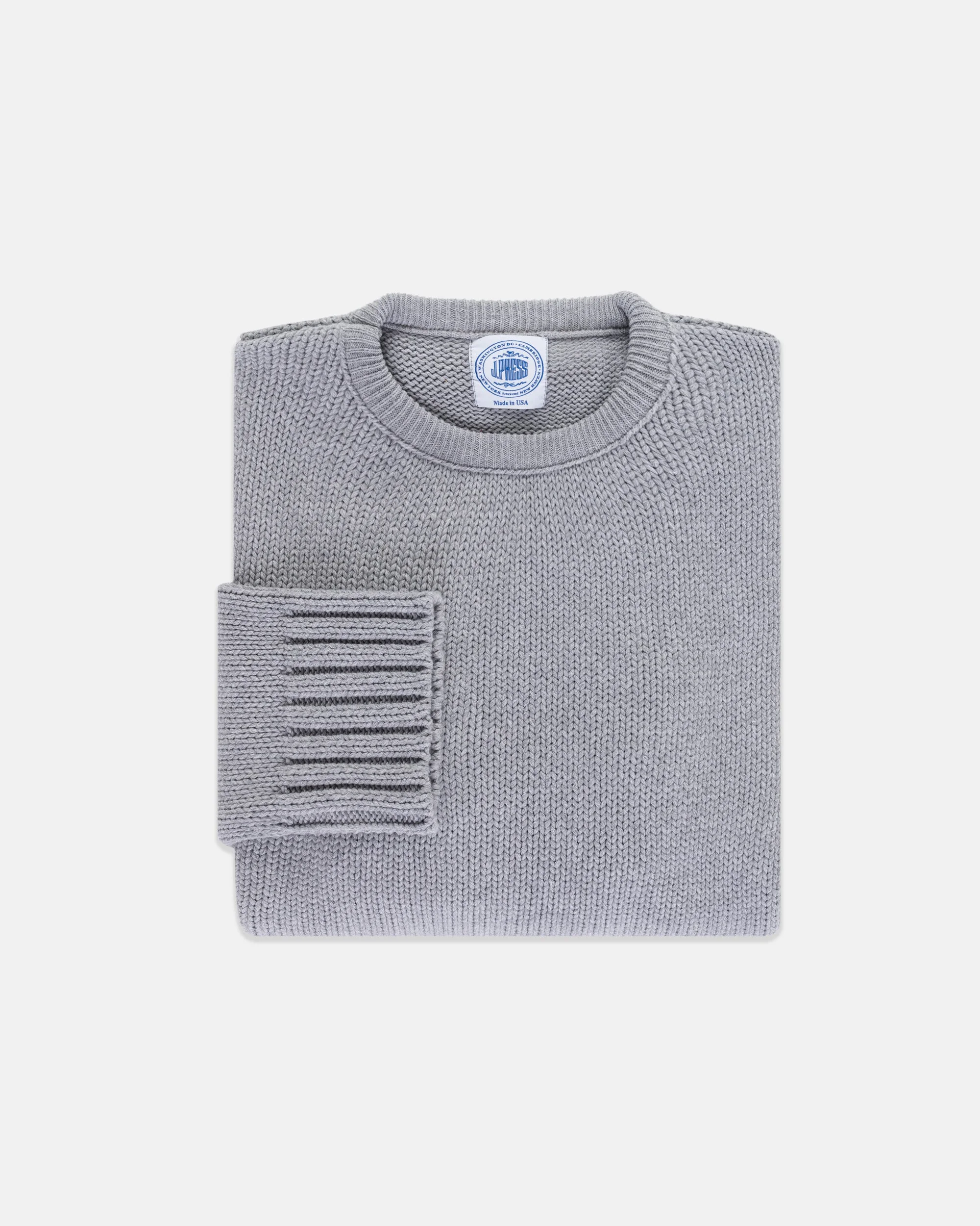MADE-IN-USA GREY CHUNKY COTTON CREWNECK SWEATER - 1