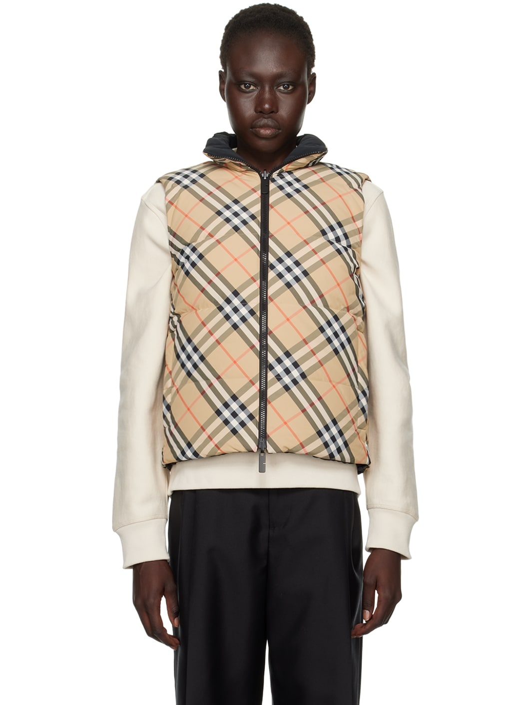 Beige Reversible Check Nylon Down Vest - 1
