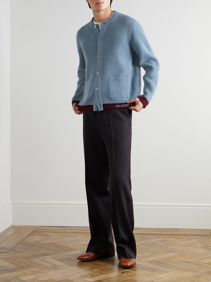 GUCCI Two-Tone Logo-Jacquard Ribbed Wool Cardigan Blue outlook