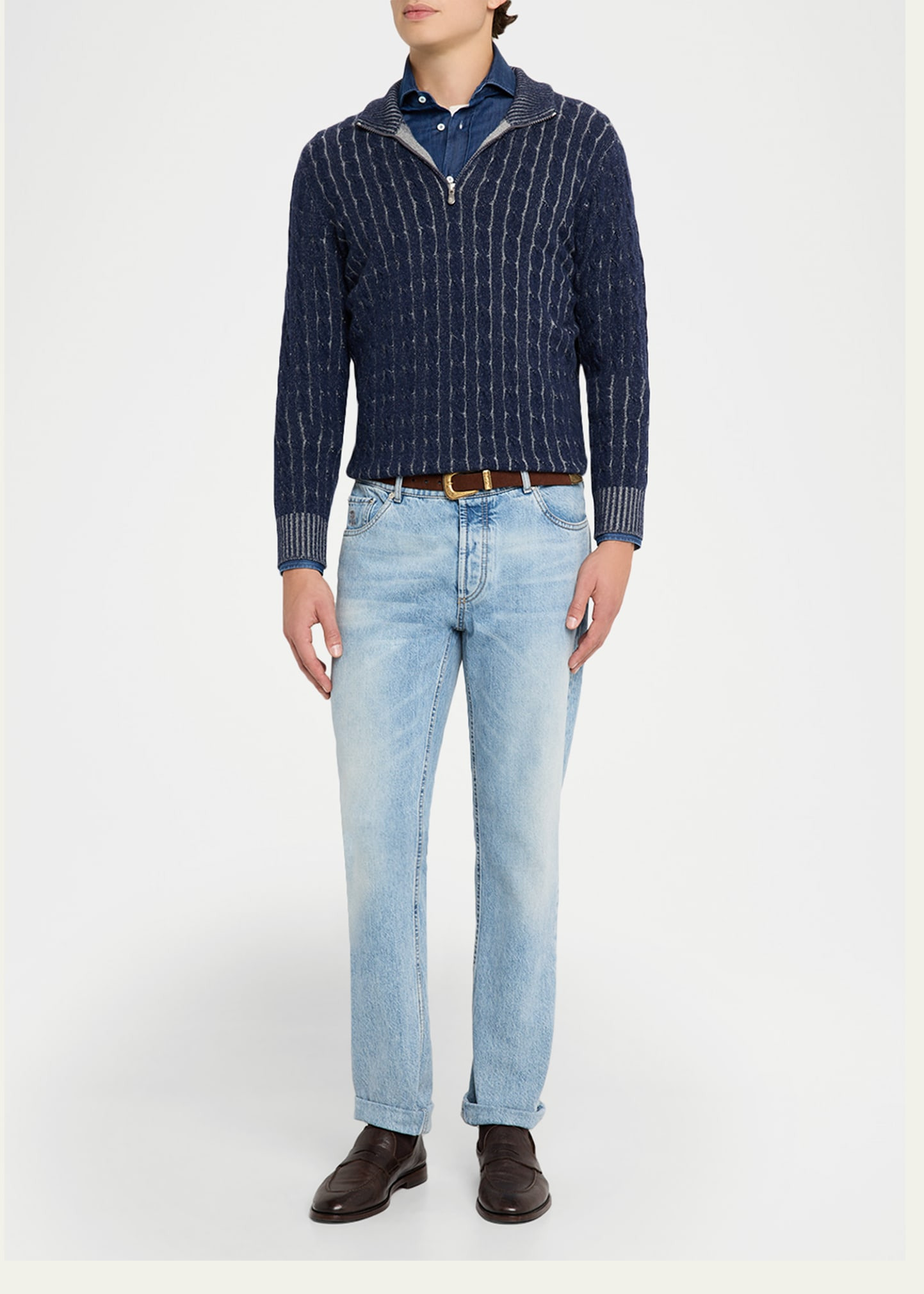 Men's Denim Spread Collar Button-Down Shirt - 2