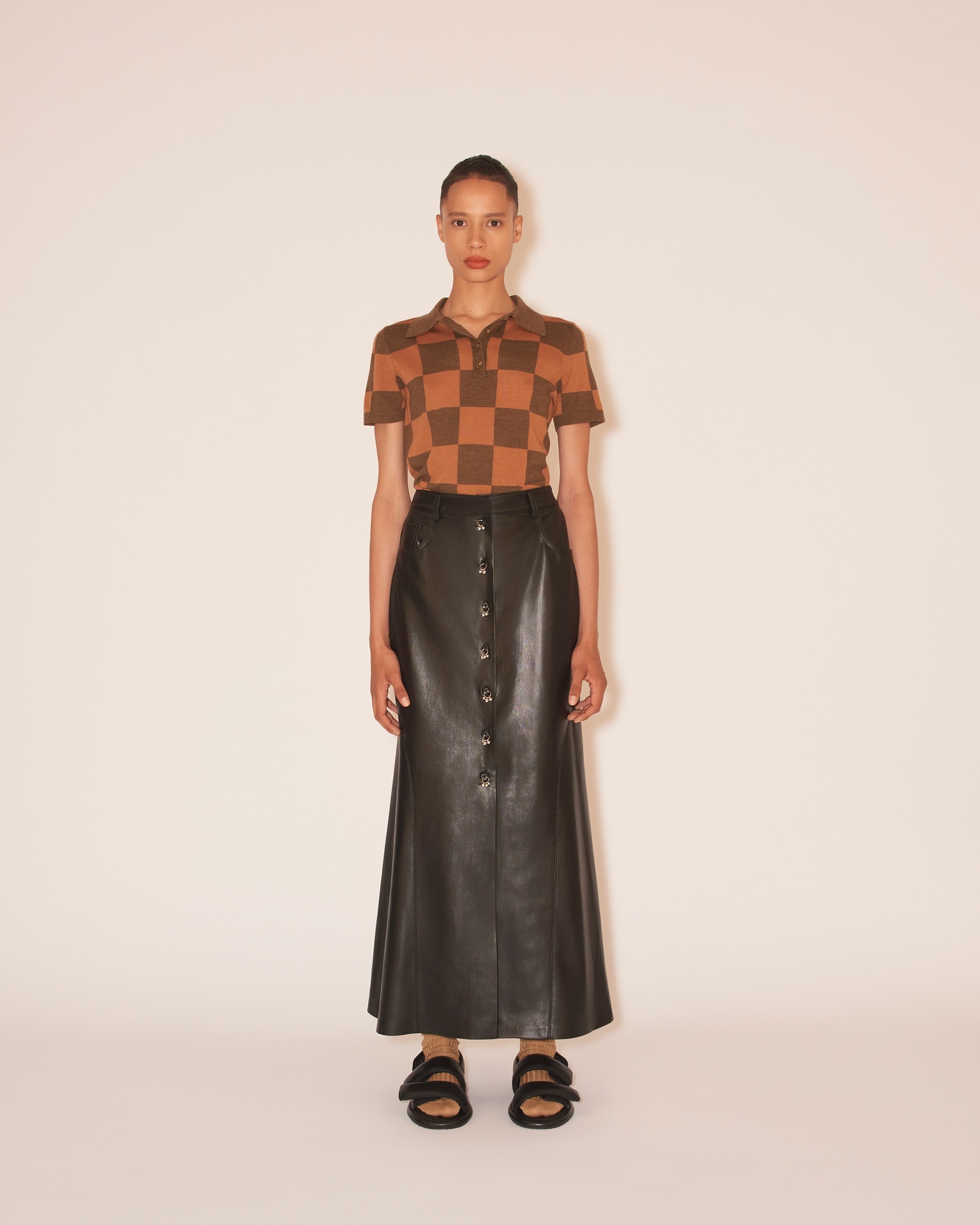 REZA - OKOBOR™ alt-leather button front midi skirt - Black - 3