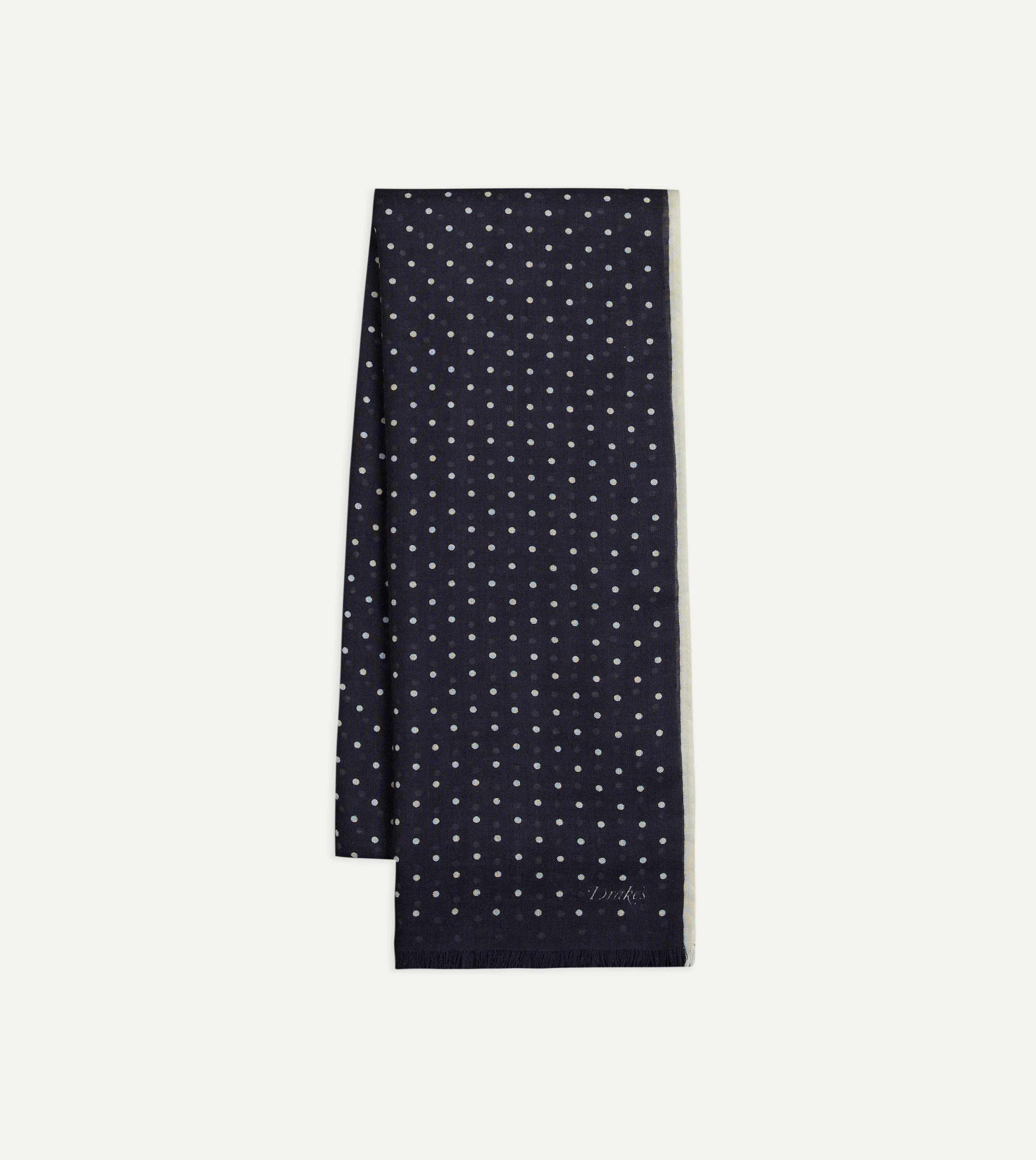Navy Polka Dot Print Shoestring Wool-Silk Scarf - 1