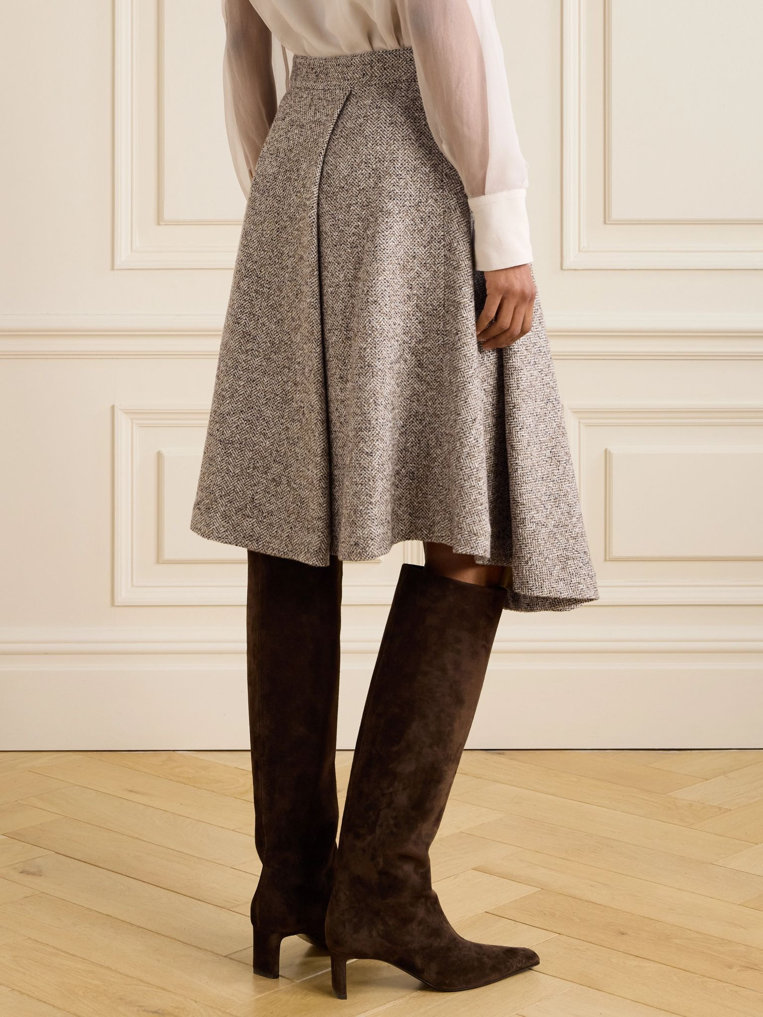 Belted asymmetric pleated bead-embellished wool-blend wrap skirt Beige - 4