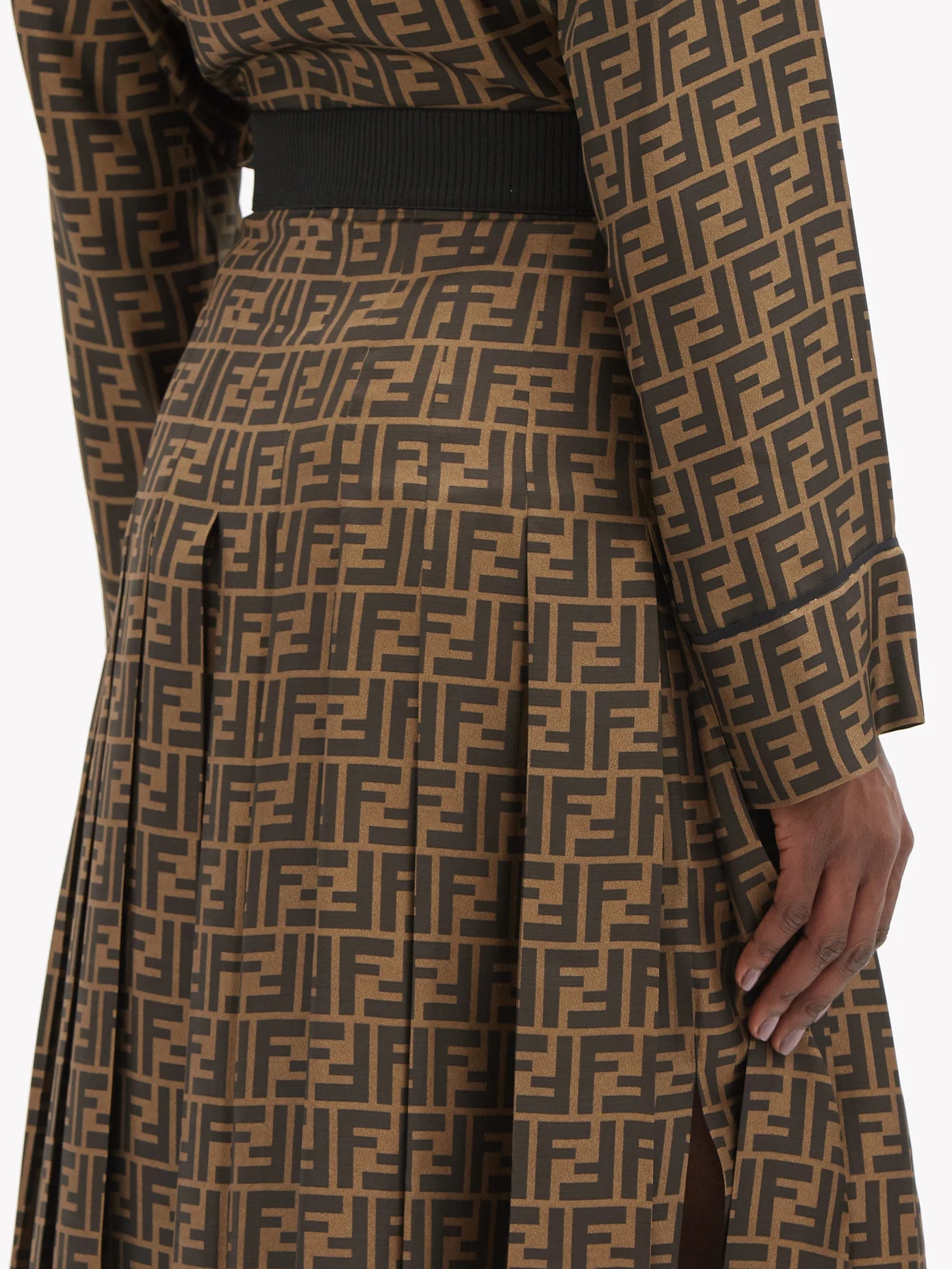 Pleated FF-print silk-satin midi skirt - 3