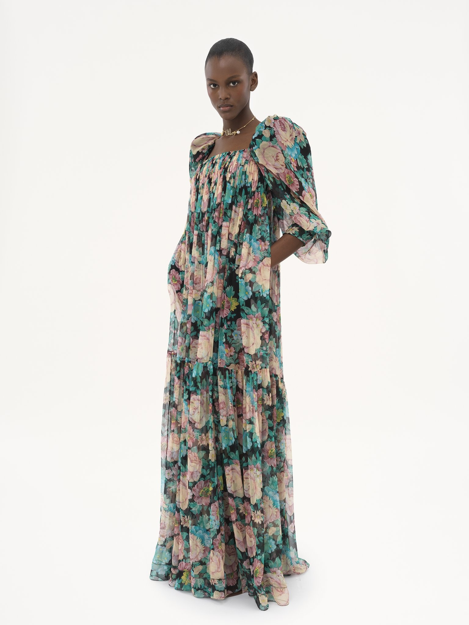 PUFF-SLEEVE LONG DRESS IN SILK MOUSSELINE - 4