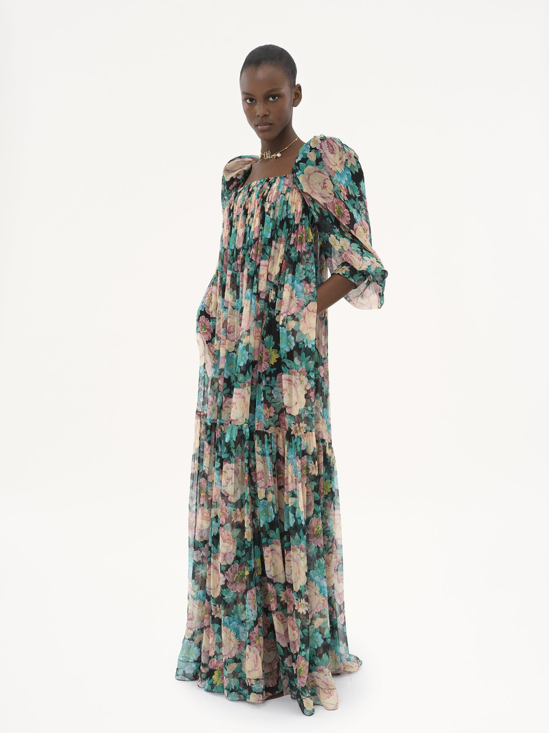 PUFF-SLEEVE LONG DRESS IN SILK MOUSSELINE 4
