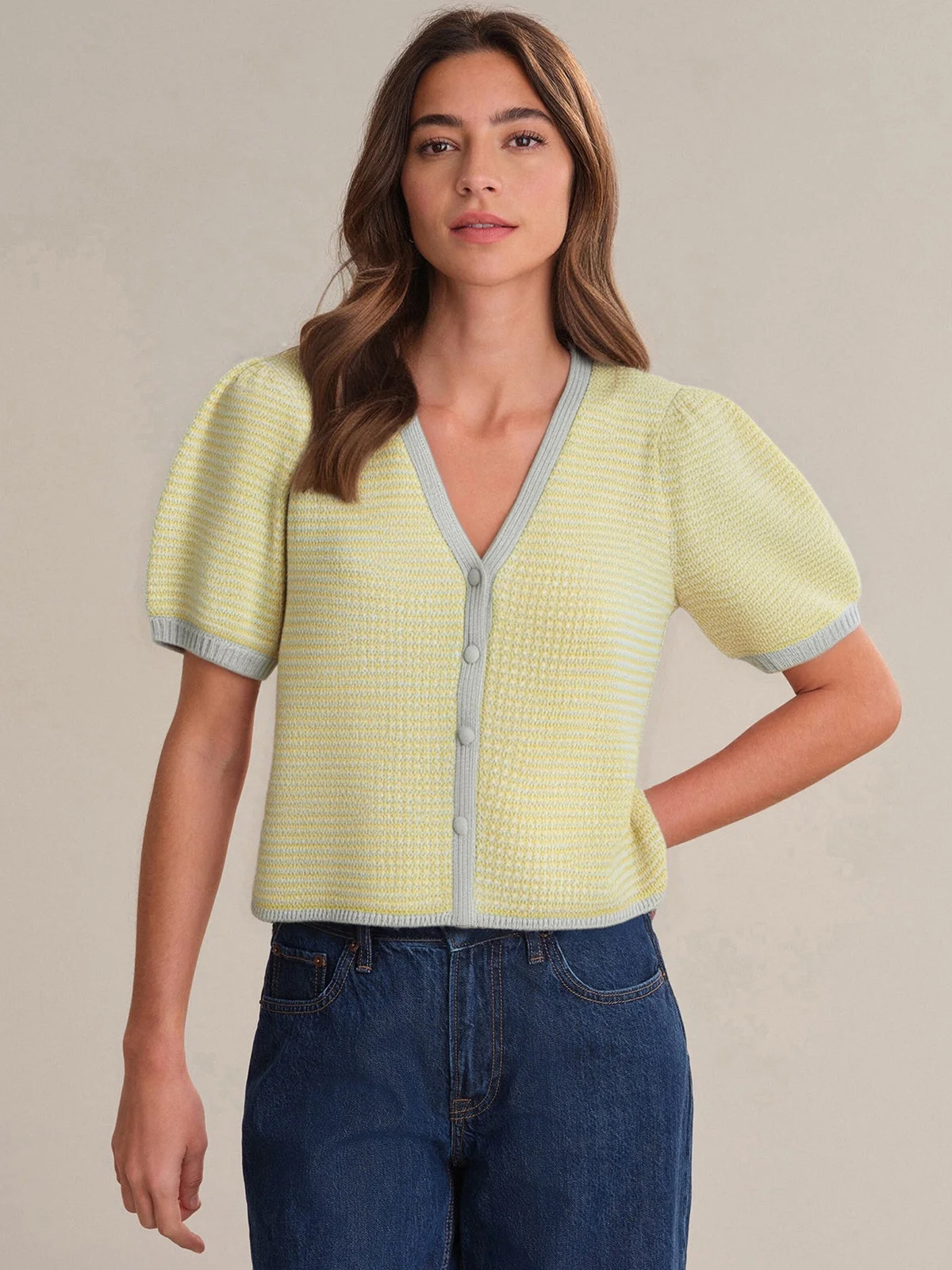 Ely: Puff Sleeve Cotton Cardigan - 1