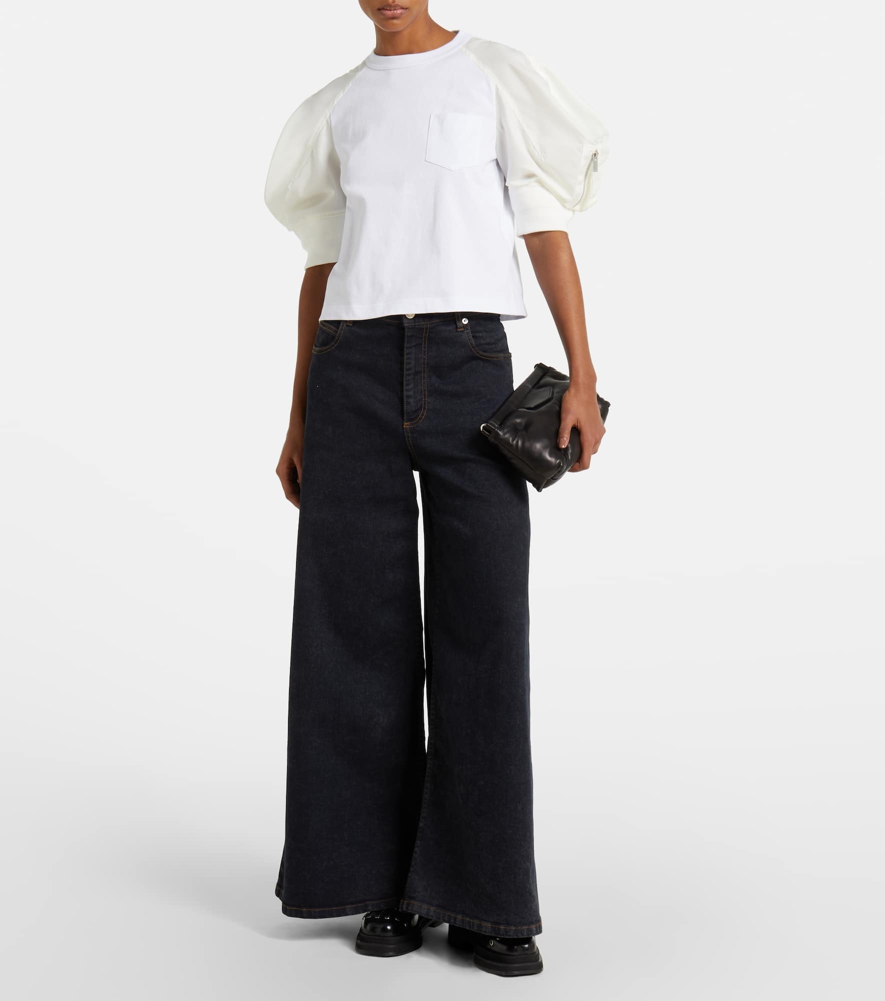 Puff-sleeve cotton-blend T-shirt - 2