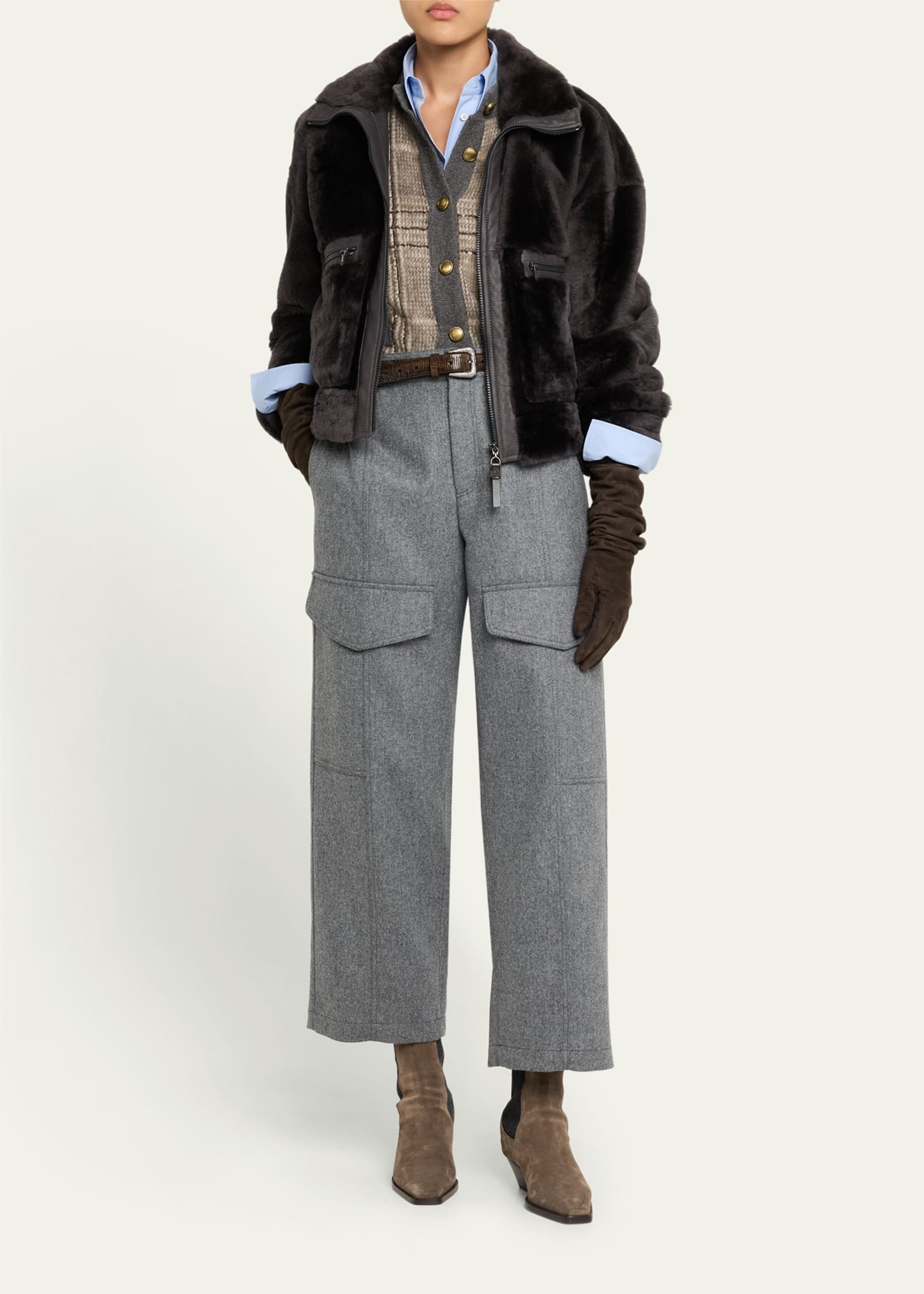 Wool Flannel Wide-Leg Ankle Cargo Pants - 2